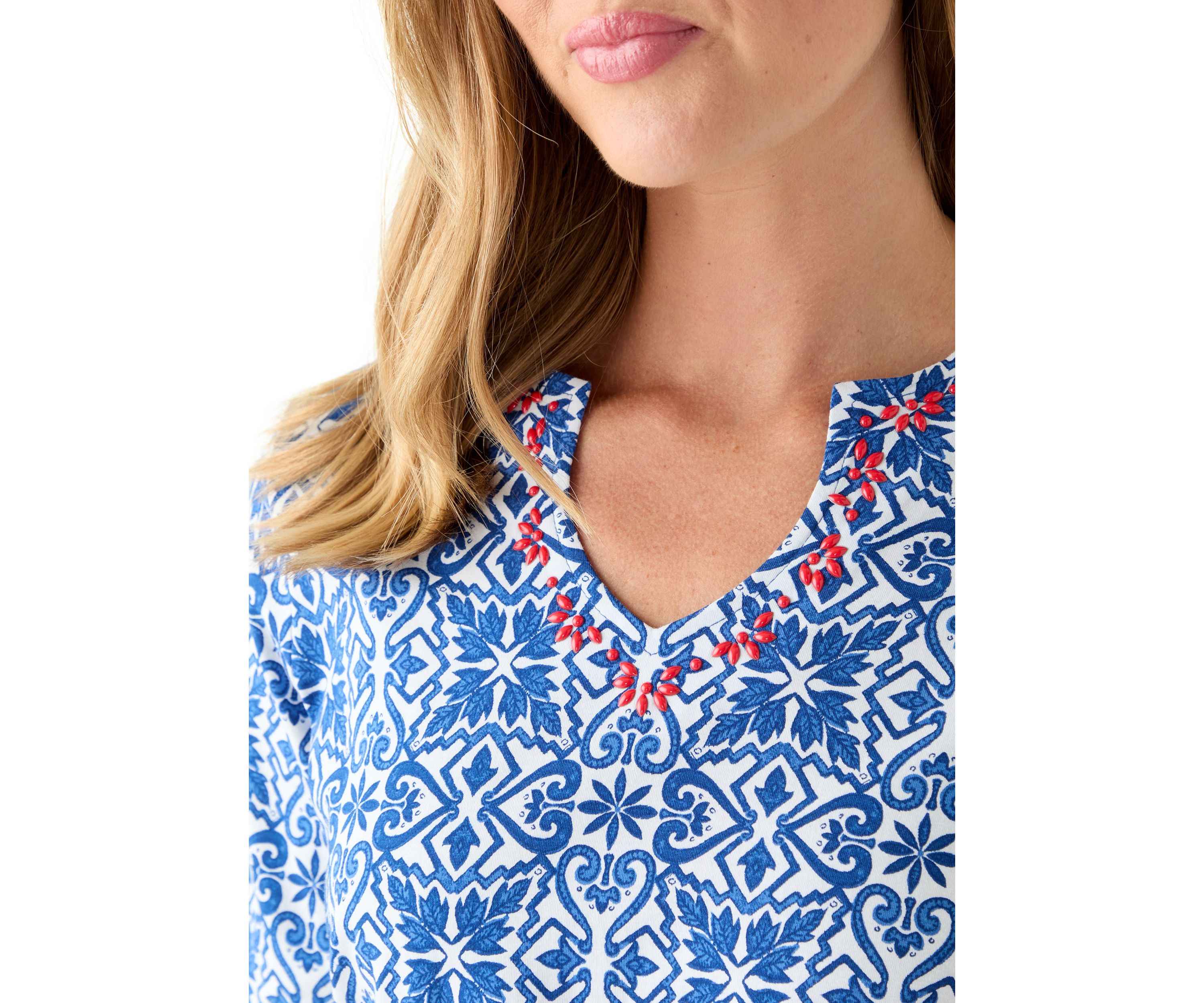 Petite Embellished Split Neck Top