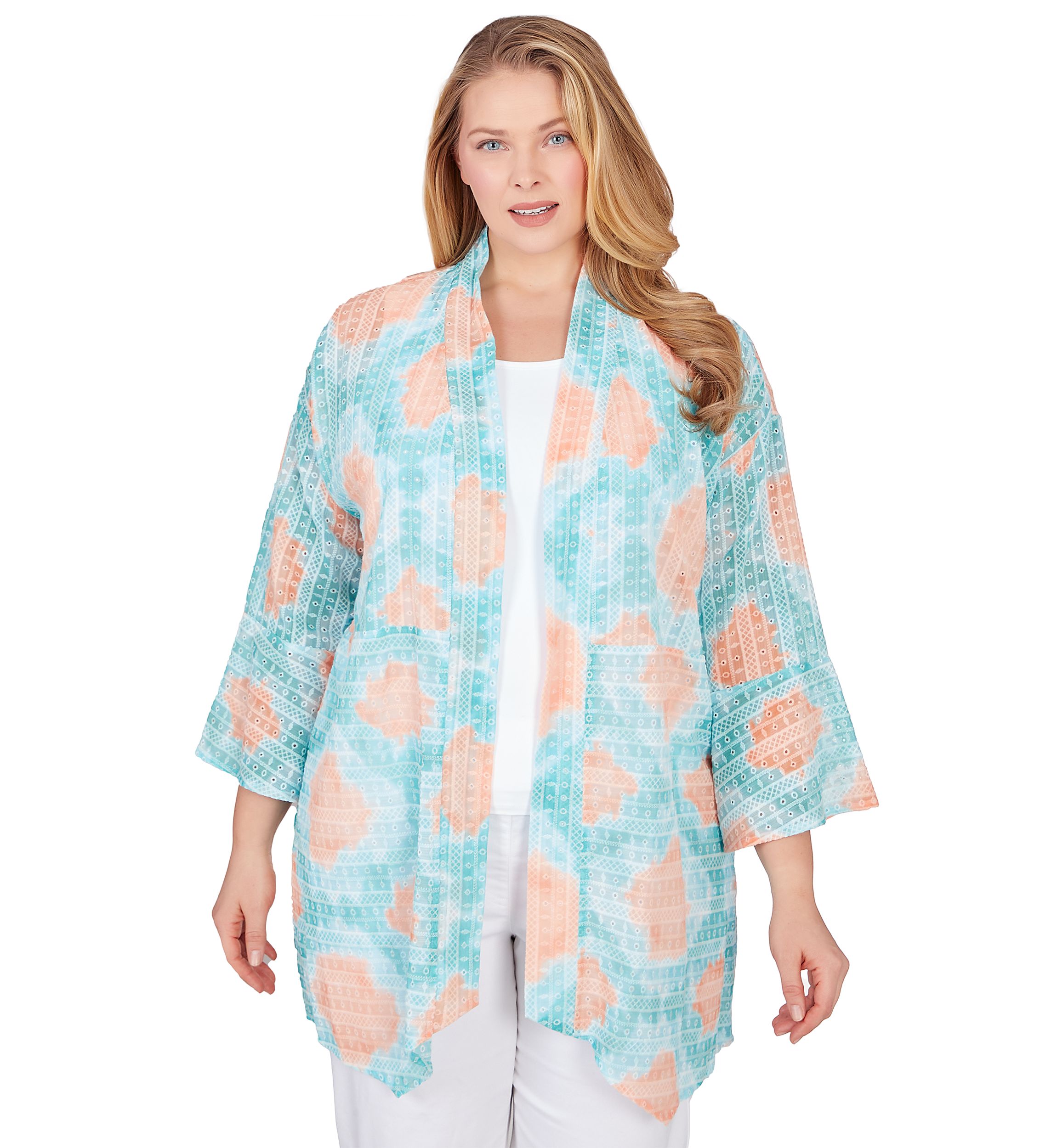 Plus Size Sheer Printed Chiffon Open Front Top