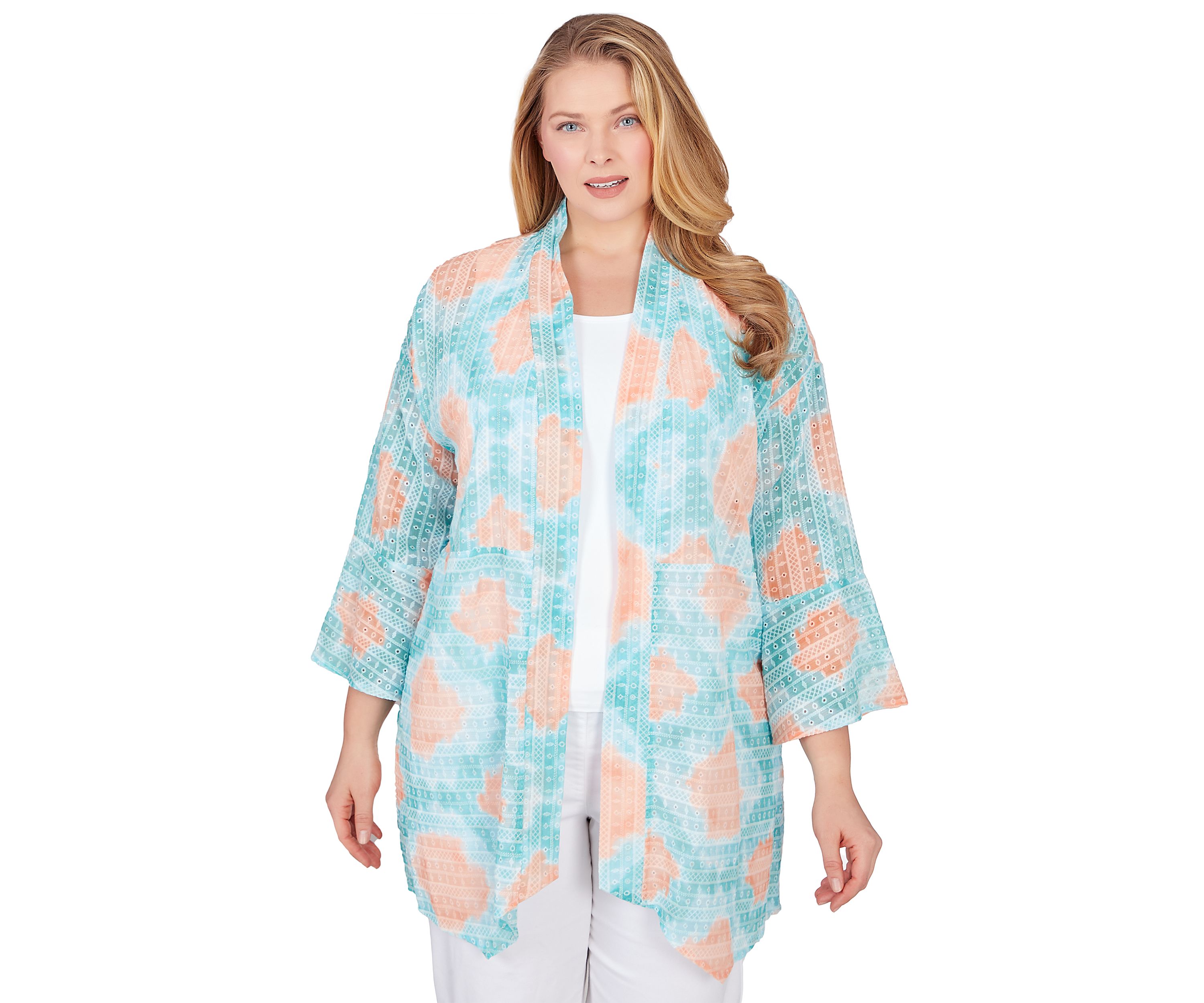 Plus Size Sheer Printed Chiffon Open Front Top