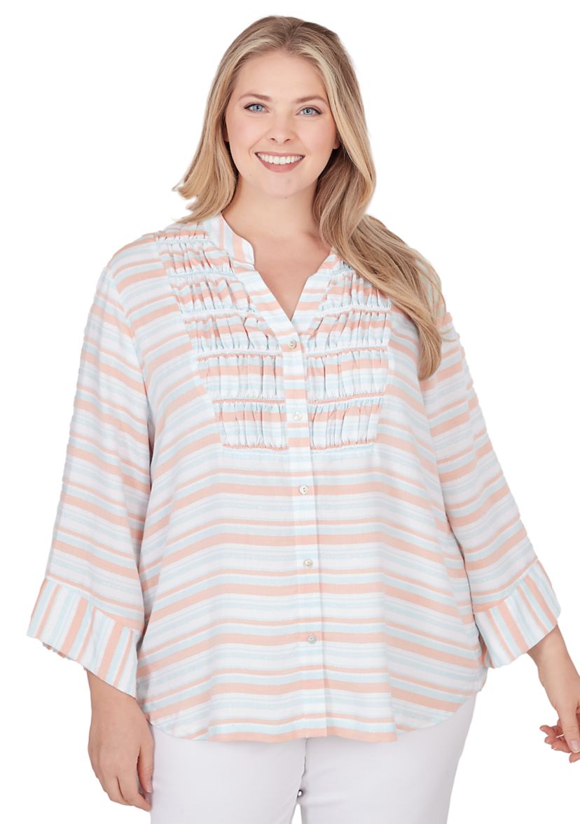 Womens Woven Metallic Striped Top