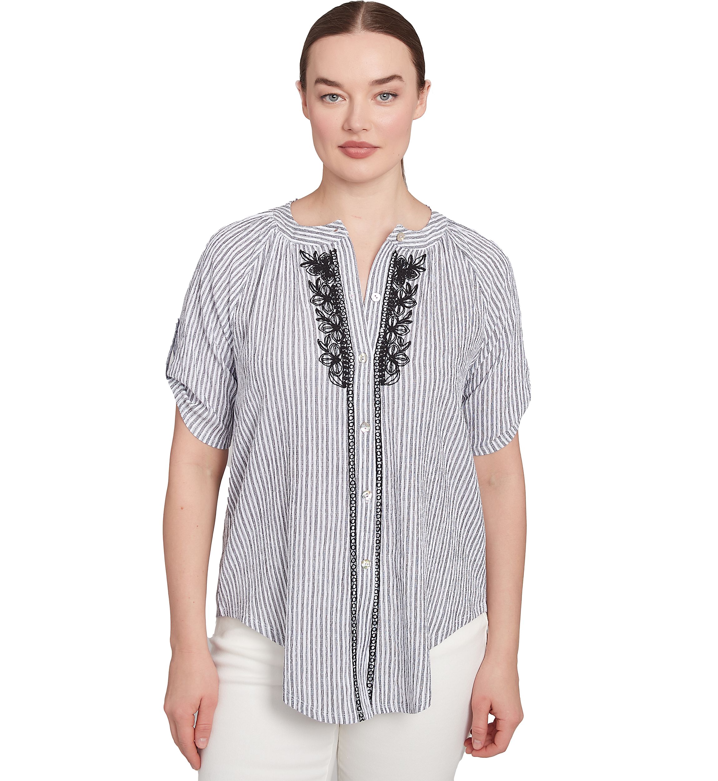 Womens Scoop Neck Embroidered Puckered Stripe Knit Convertible Tie Front Top