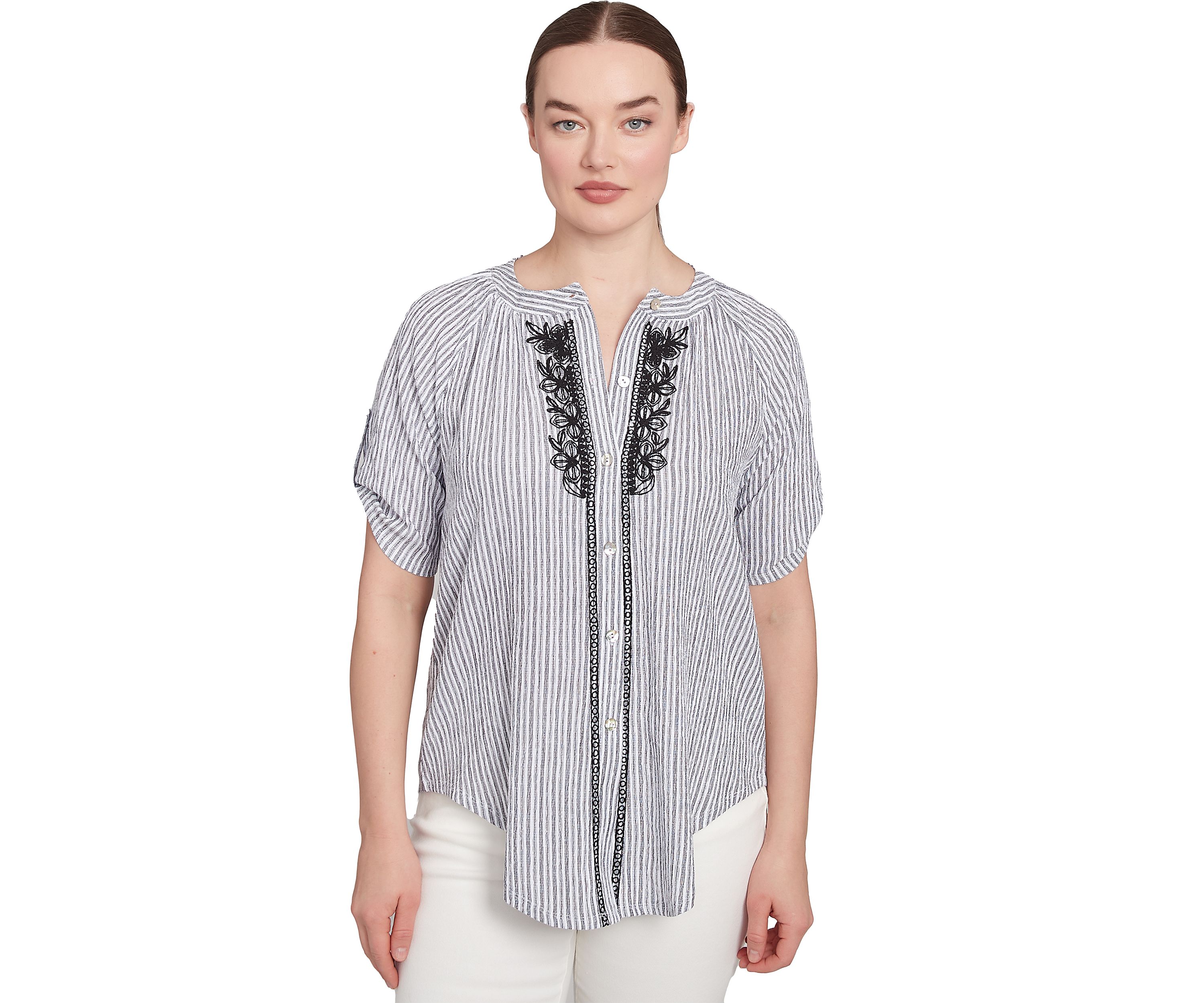 Womens Scoop Neck Embroidered Puckered Stripe Knit Convertible Tie Front Top