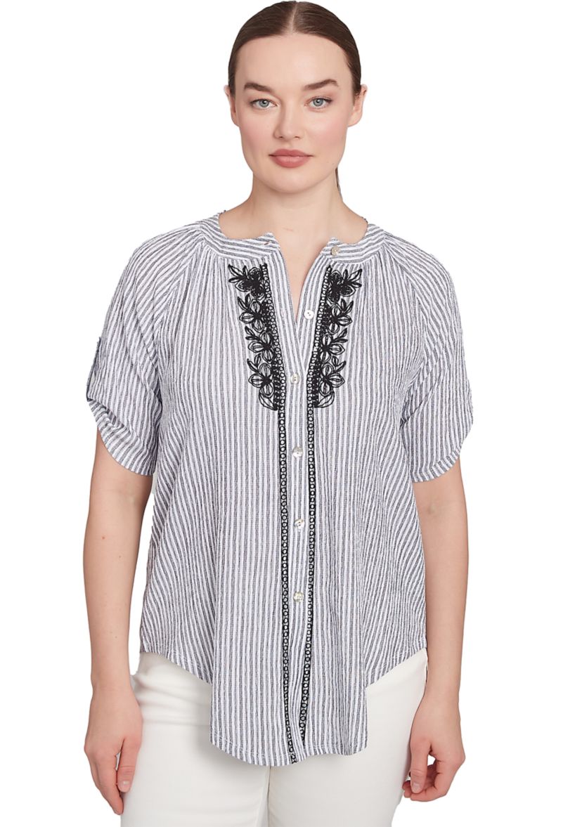 Womens Scoop Neck Embroidered Puckered Stripe Knit Convertible Tie Front Top