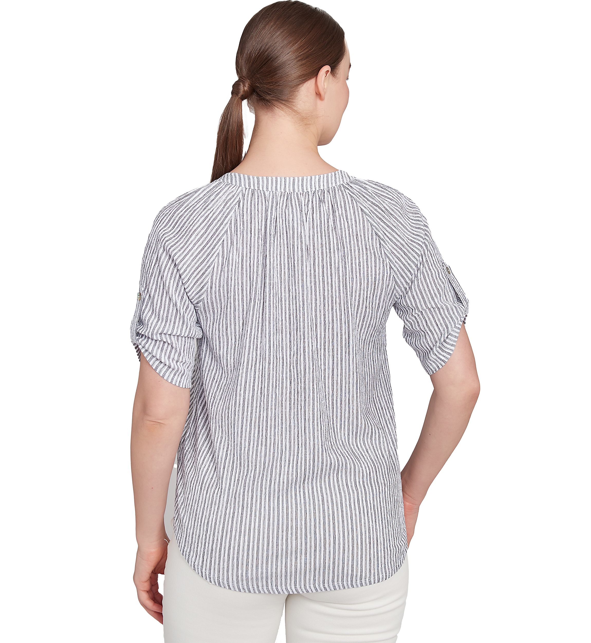 Womens Scoop Neck Embroidered Puckered Stripe Knit Convertible Tie Front Top
