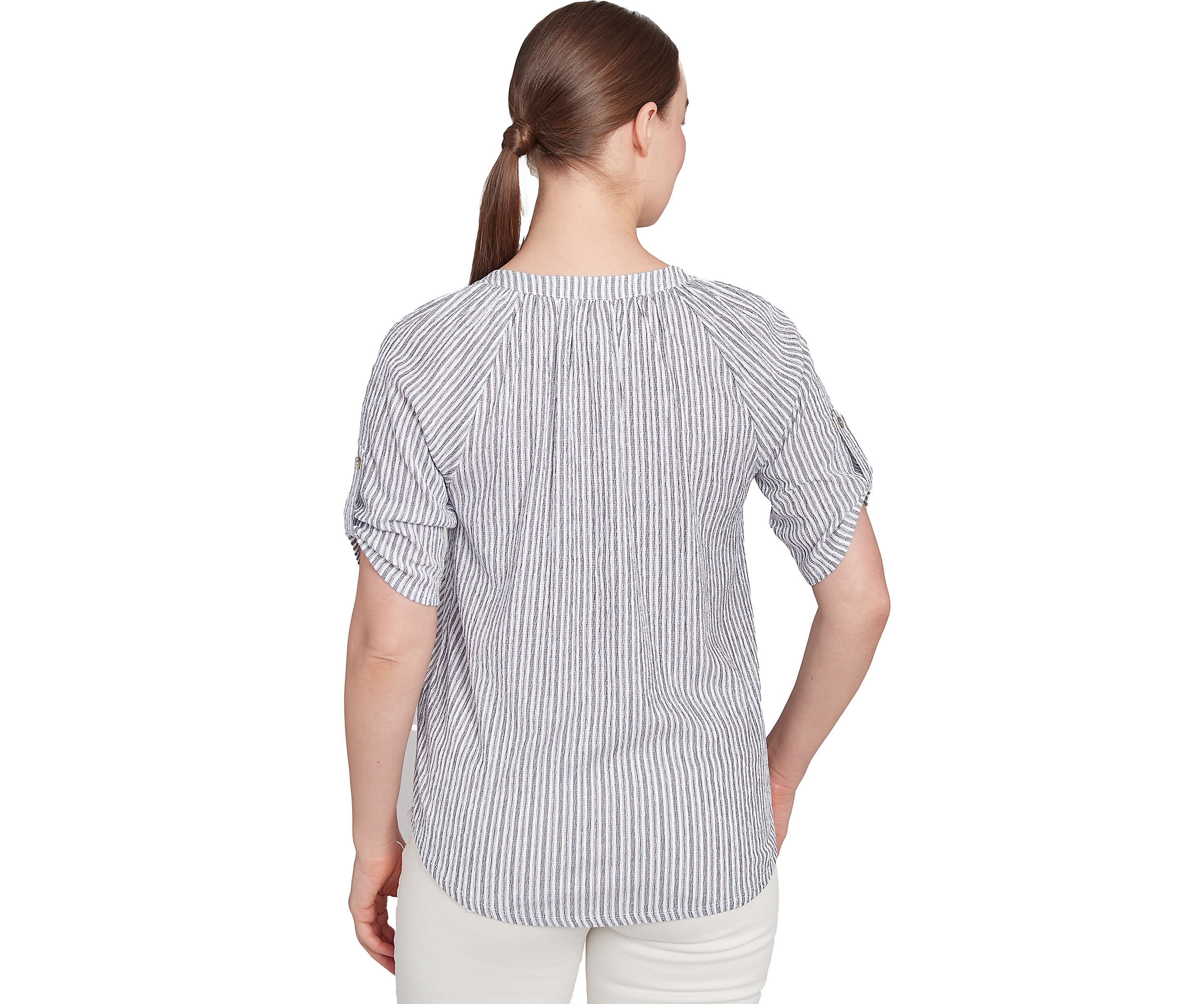 Womens Scoop Neck Embroidered Puckered Stripe Knit Convertible Tie Front Top
