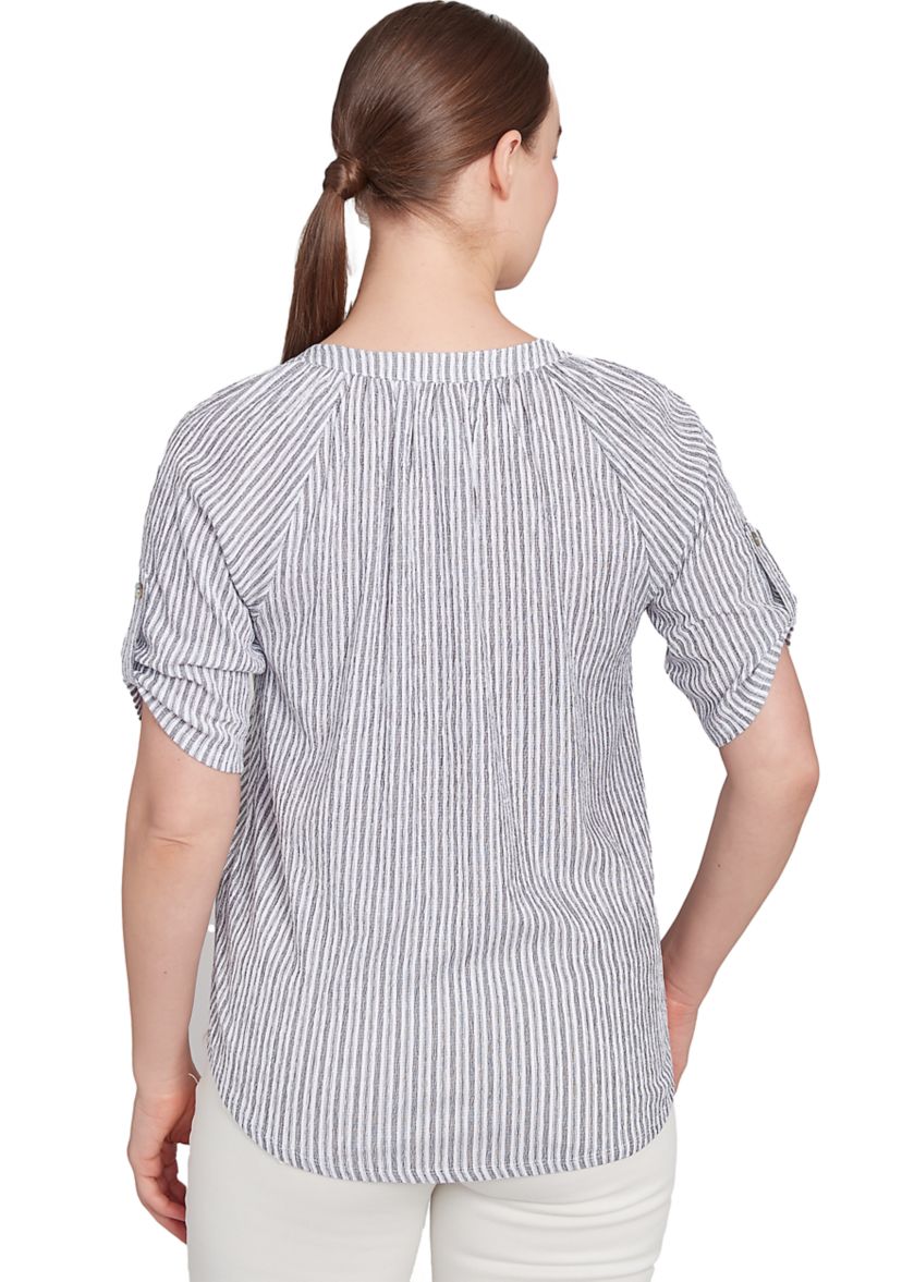 Womens Scoop Neck Embroidered Puckered Stripe Knit Convertible Tie Front Top
