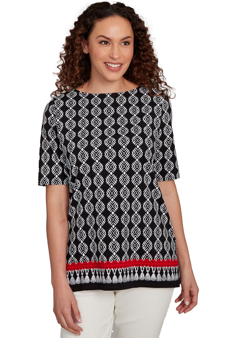 Womens Boat Neck Medallion Fringe Print Knit Top
