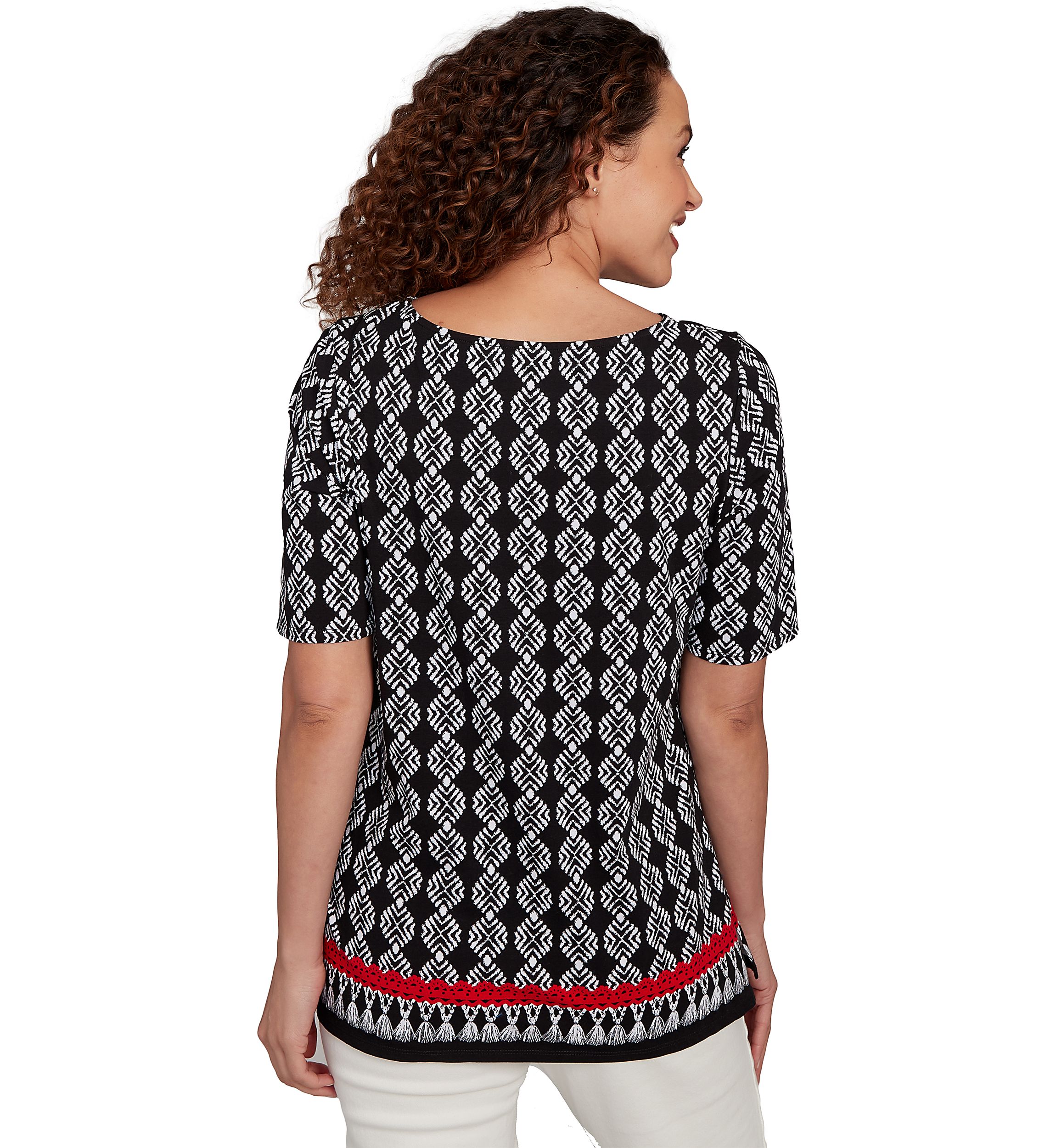 Womens Boat Neck Medallion Fringe Print Knit Top