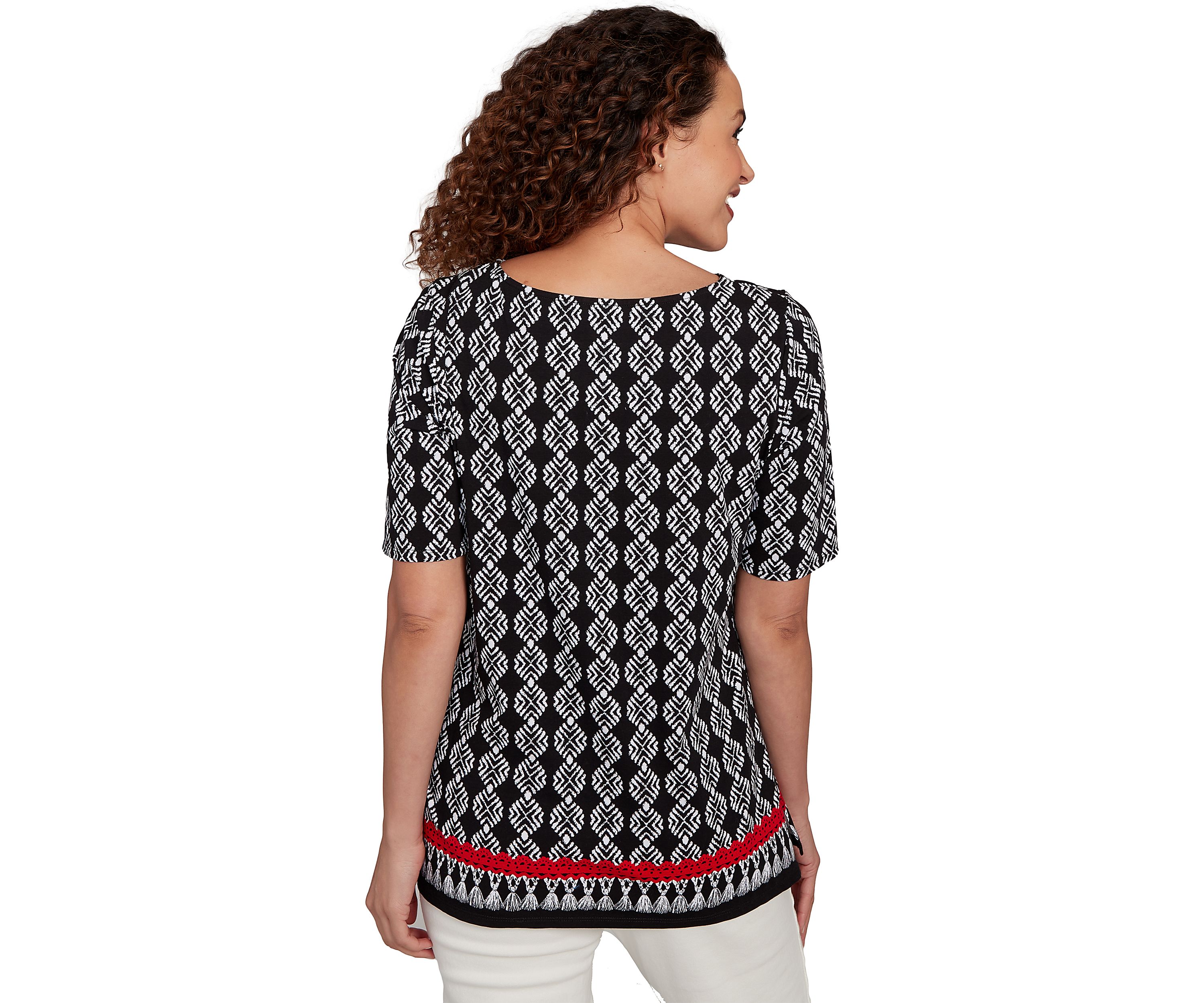 Womens Boat Neck Medallion Fringe Print Knit Top