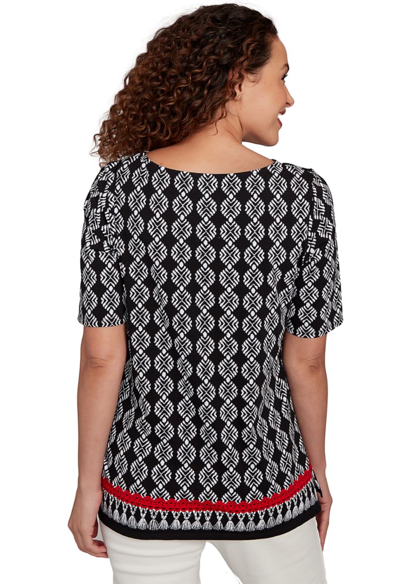 Womens Boat Neck Medallion Fringe Print Knit Top