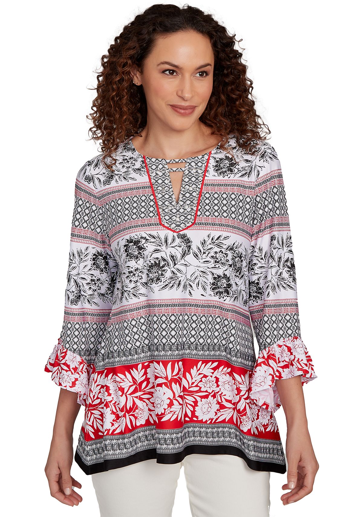 Womens Tropical Motif Stripe Puff Print Knit Top