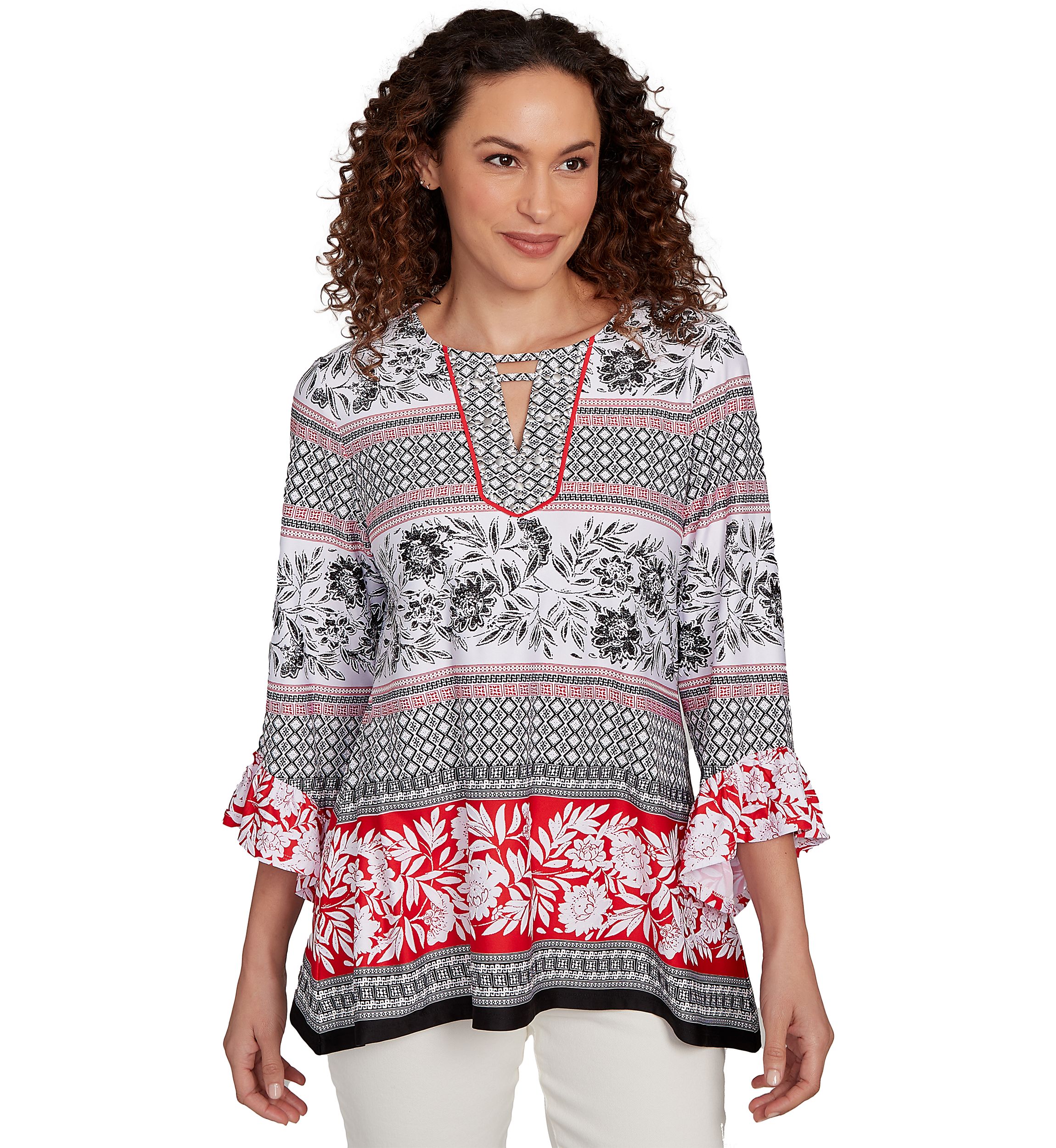 Womens Tropical Motif Stripe Puff Print Knit Top
