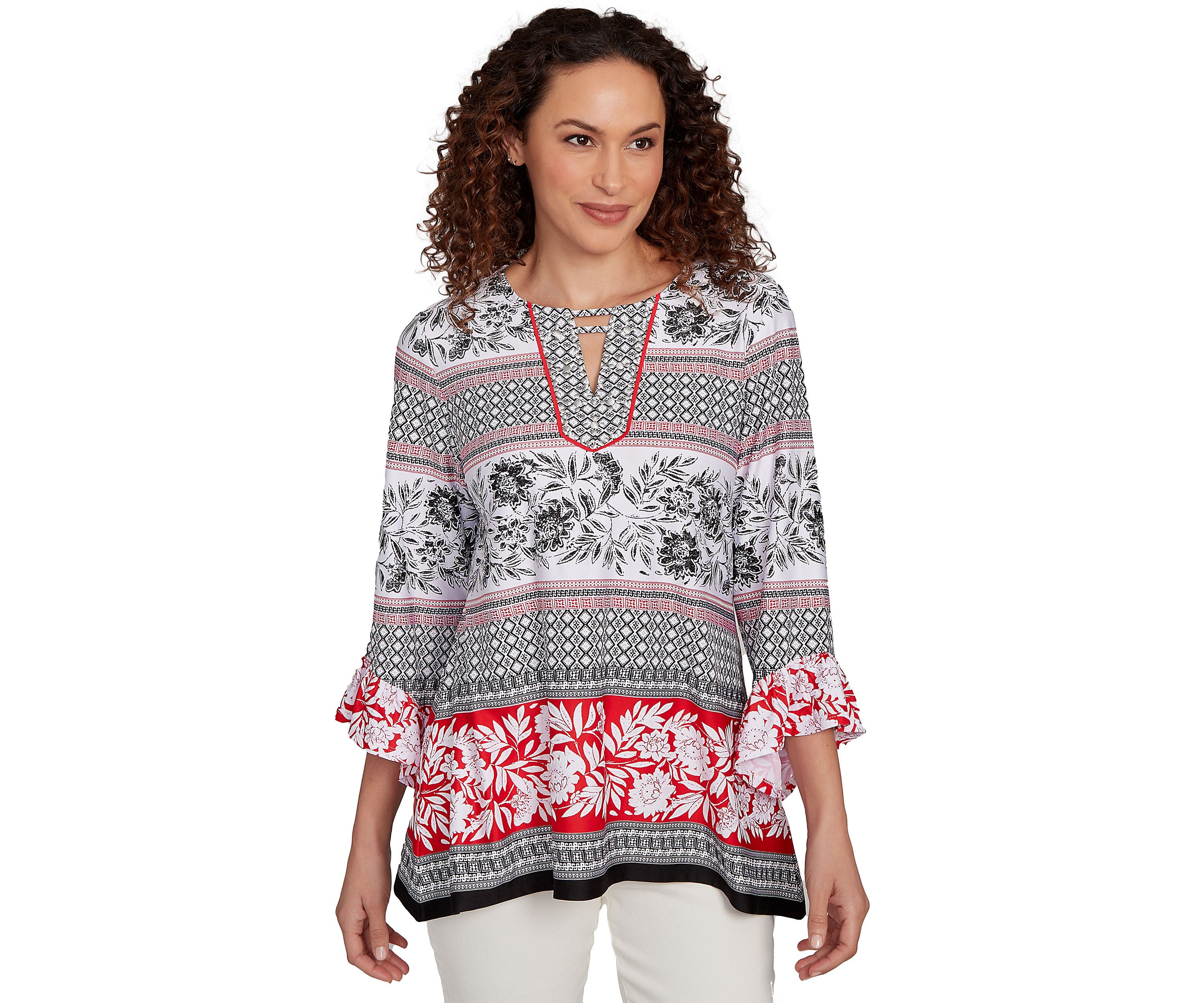 Womens Tropical Motif Stripe Puff Print Knit Top