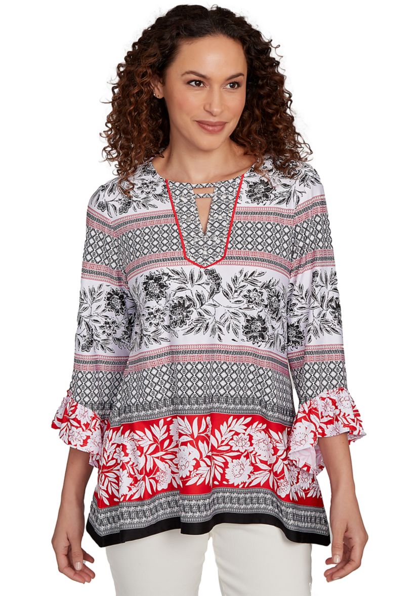 Womens Tropical Motif Stripe Puff Print Knit Top