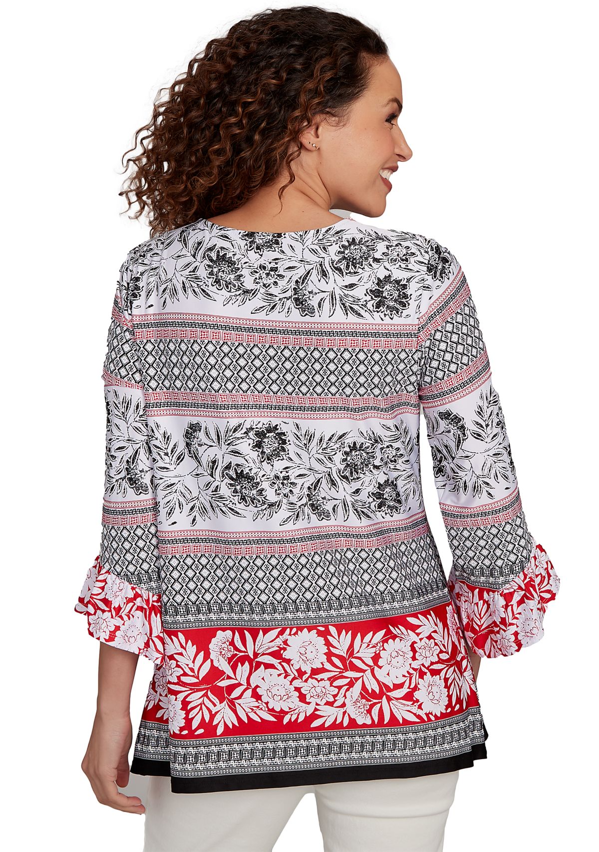 Womens Tropical Motif Stripe Puff Print Knit Top