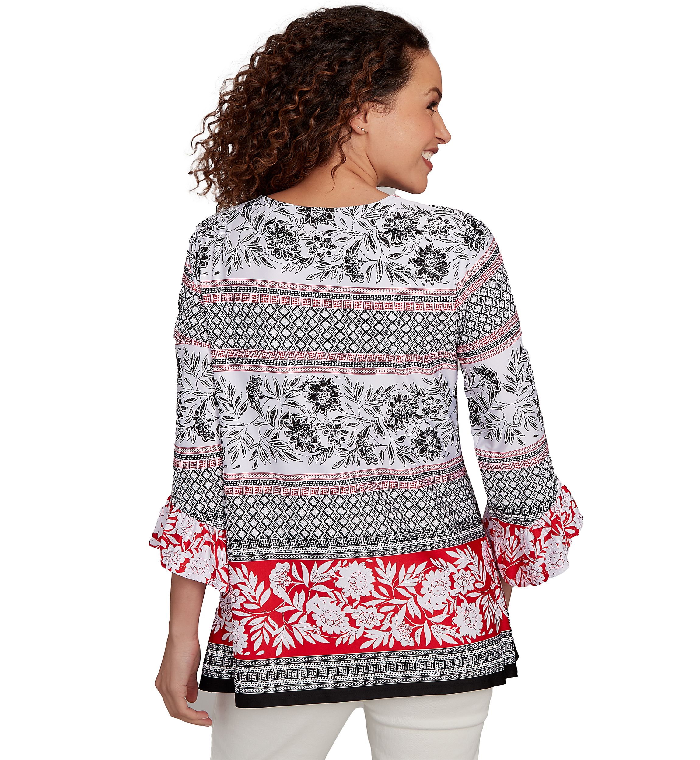 Womens Tropical Motif Stripe Puff Print Knit Top