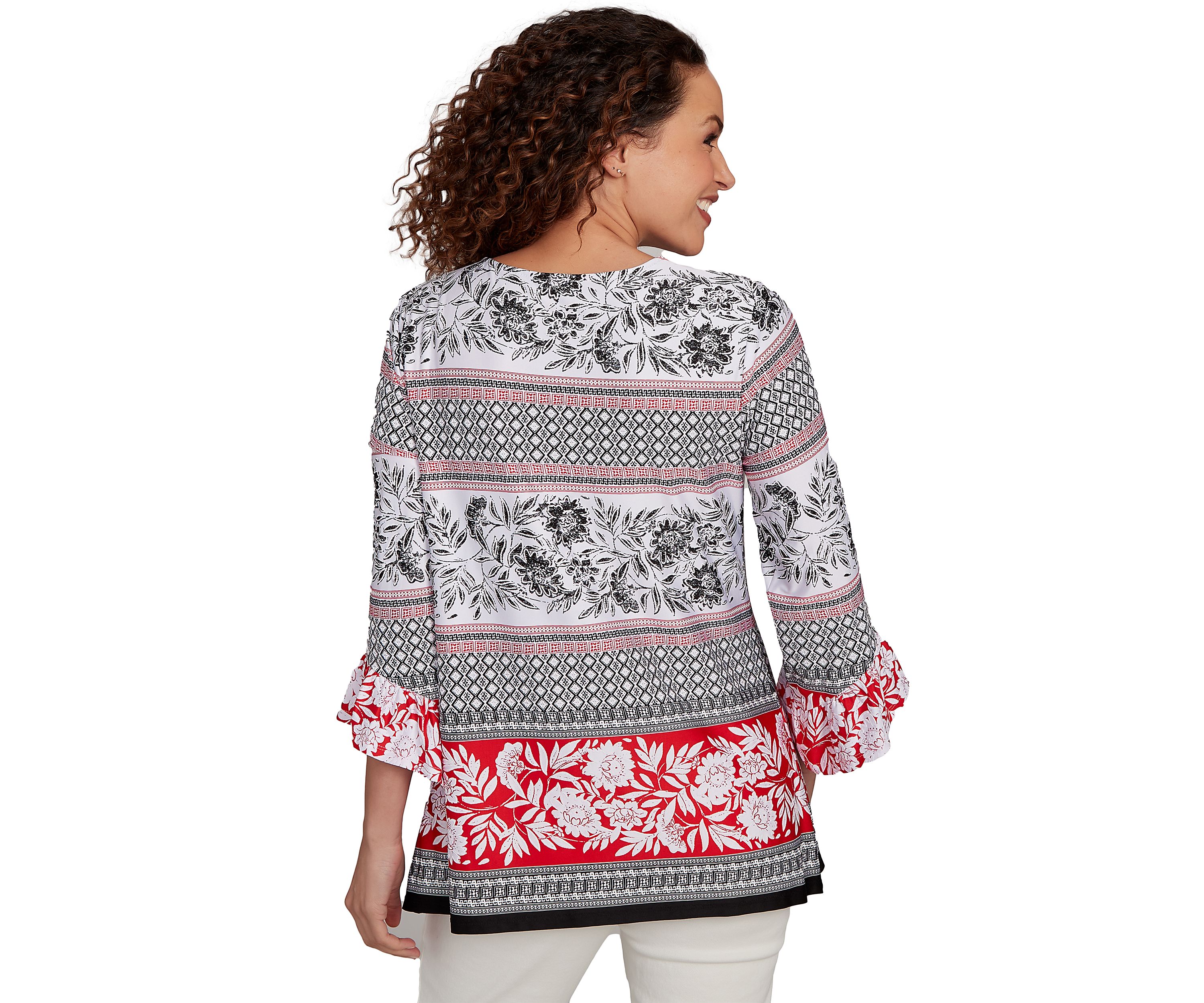 Womens Tropical Motif Stripe Puff Print Knit Top