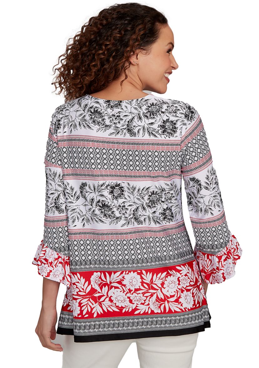 Womens Tropical Motif Stripe Puff Print Knit Top