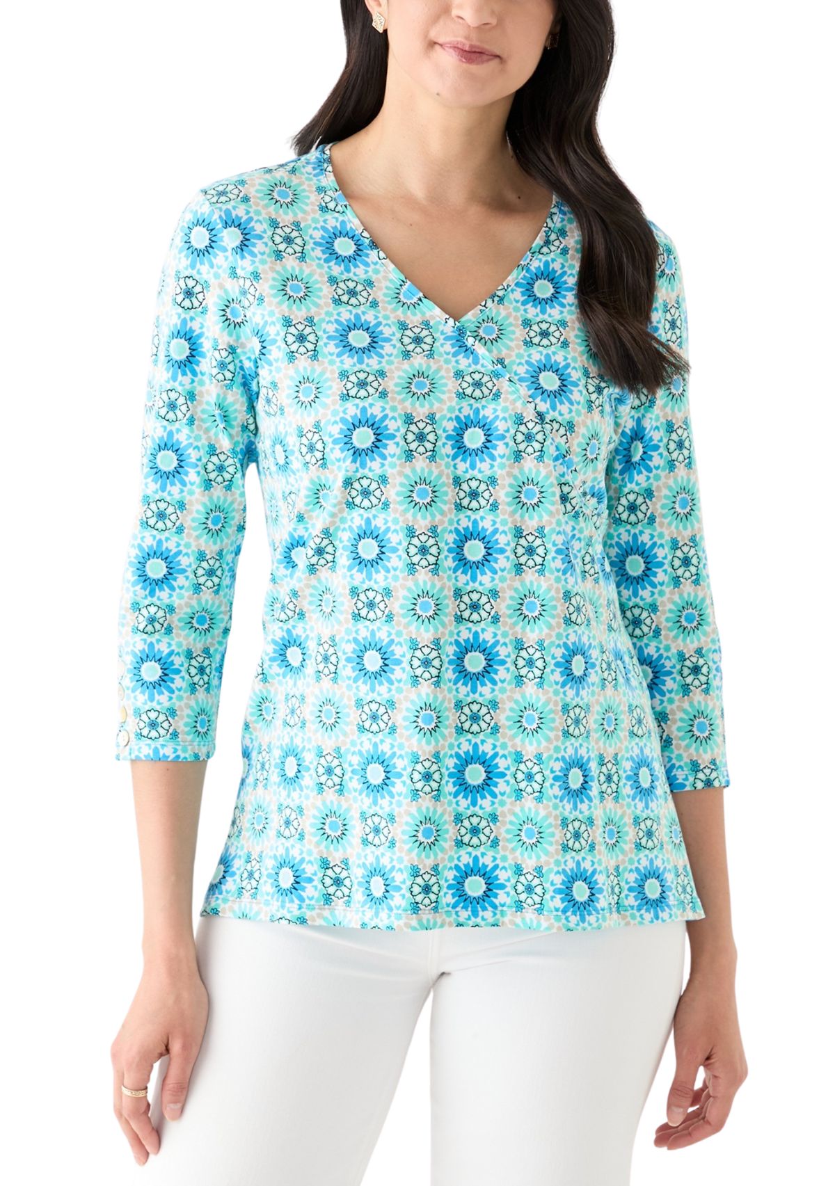 Womens Medallion Tile Floral Faux Surplice Top