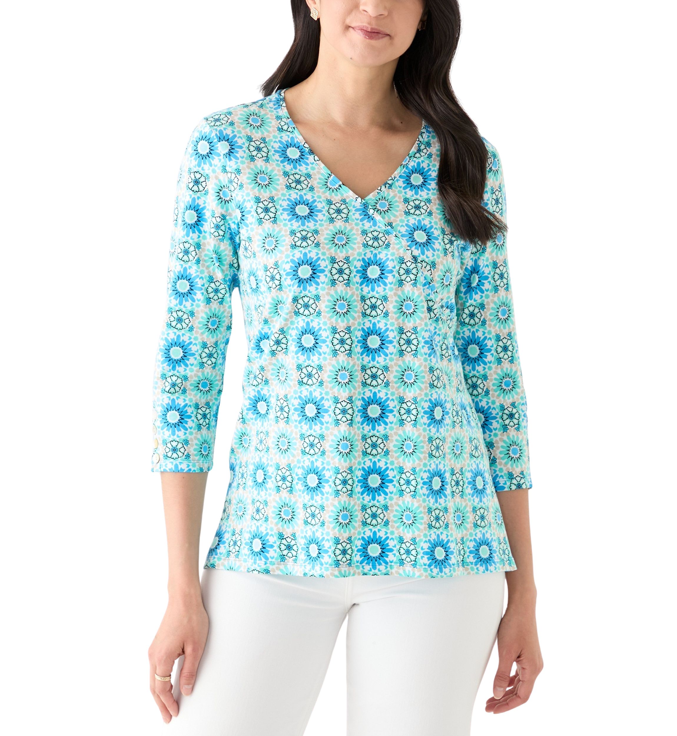 Womens Medallion Tile Floral Faux Surplice Top