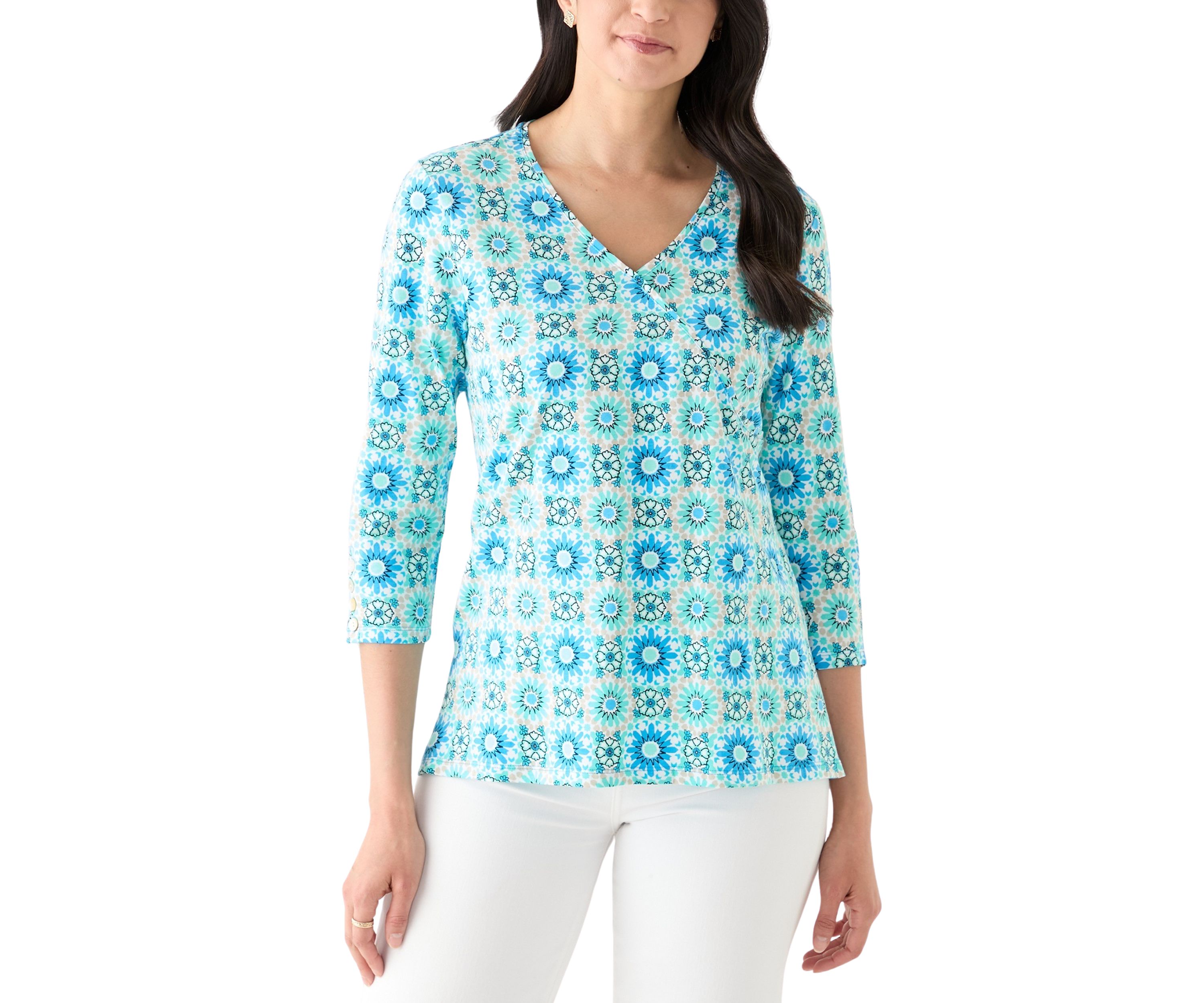 Womens Medallion Tile Floral Faux Surplice Top