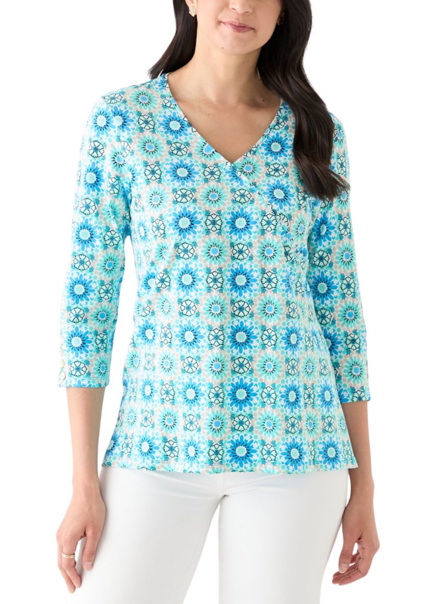 Womens Medallion Tile Floral Faux Surplice Top