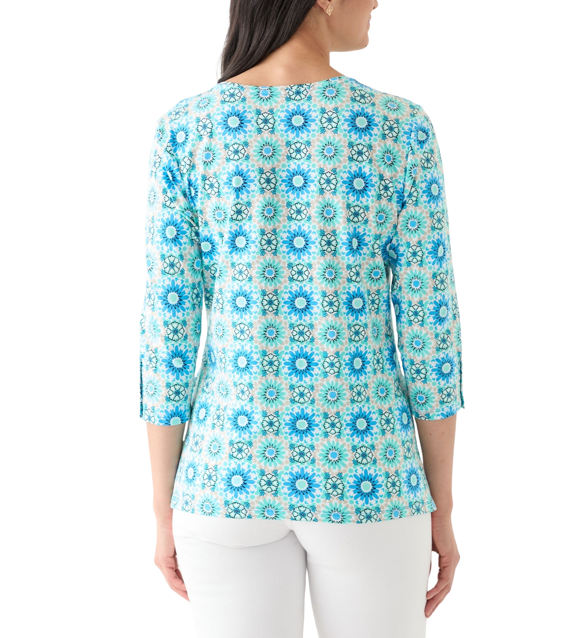Womens Medallion Tile Floral Faux Surplice Top