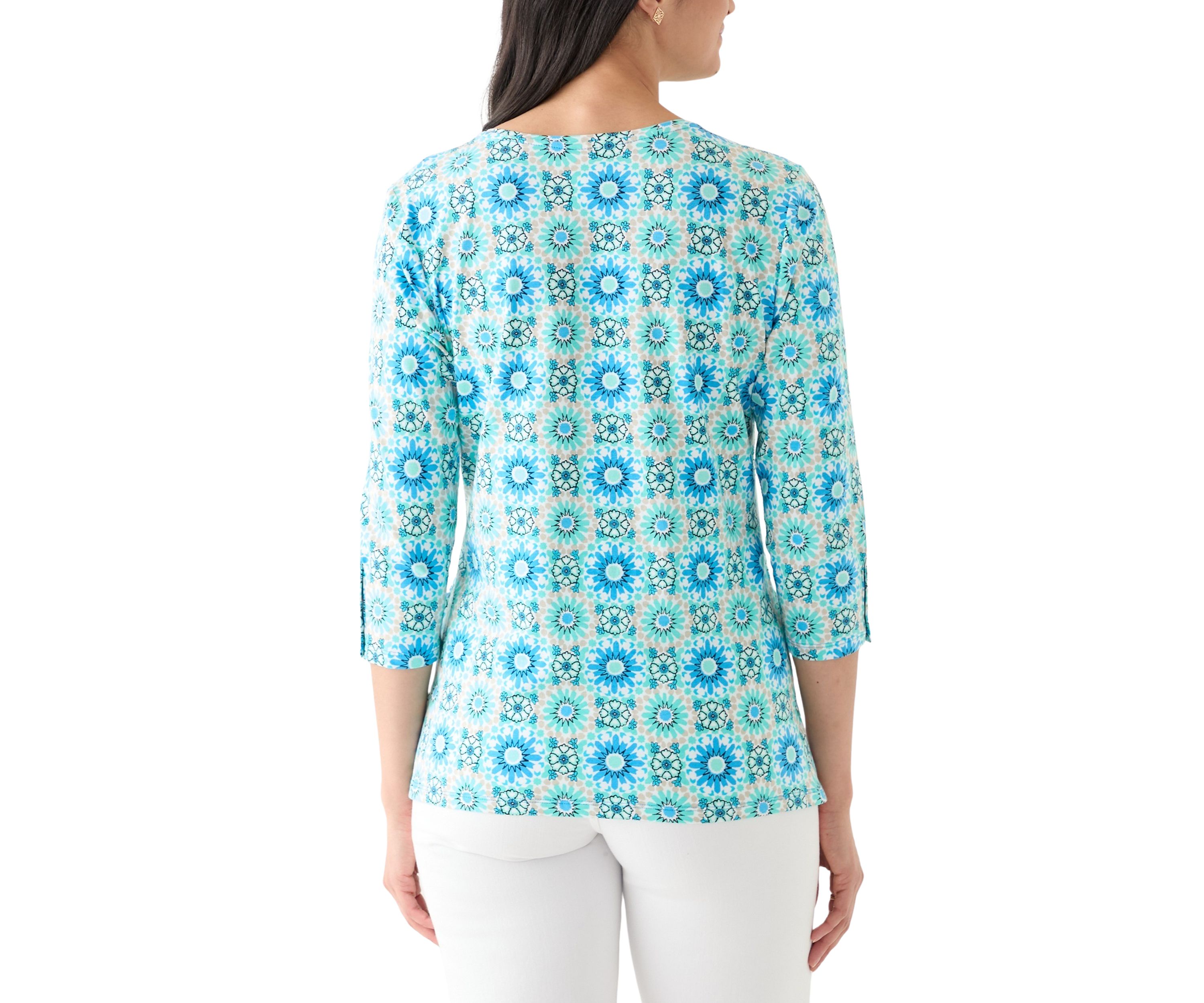 Womens Medallion Tile Floral Faux Surplice Top