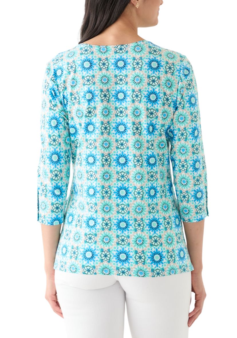 Womens Medallion Tile Floral Faux Surplice Top