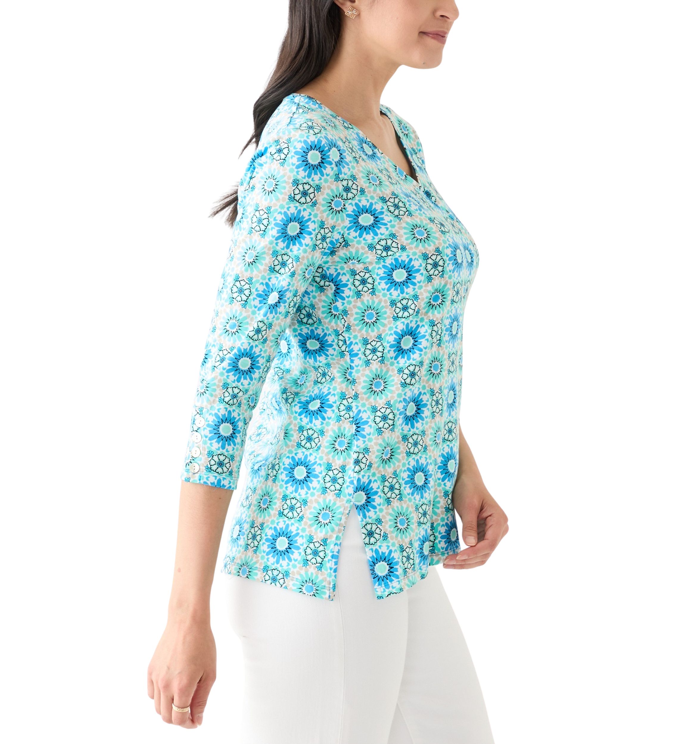 Womens Medallion Tile Floral Faux Surplice Top