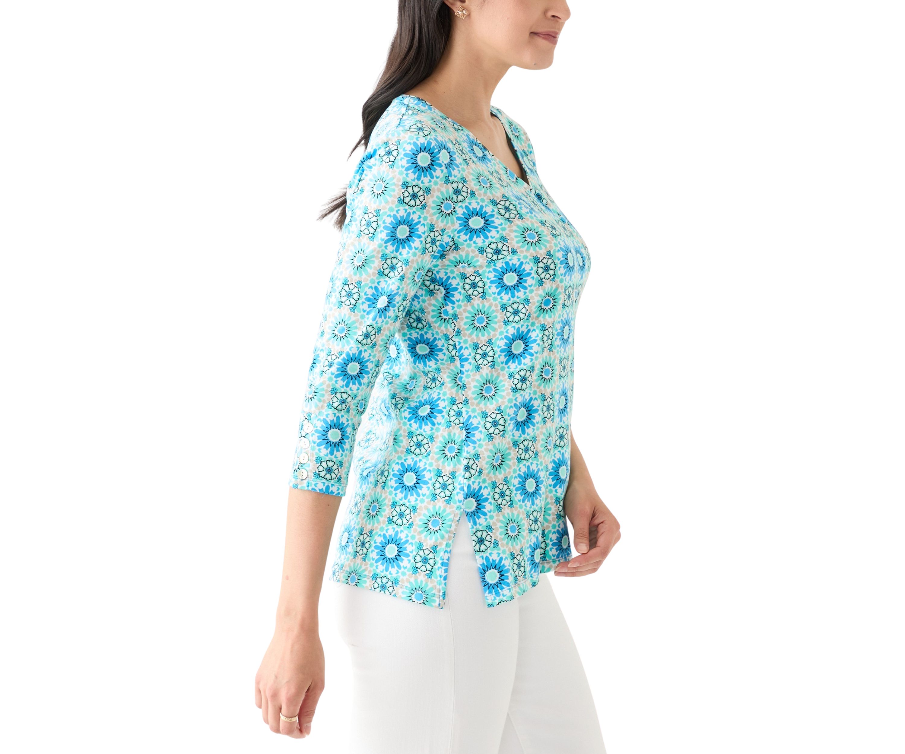 Womens Medallion Tile Floral Faux Surplice Top