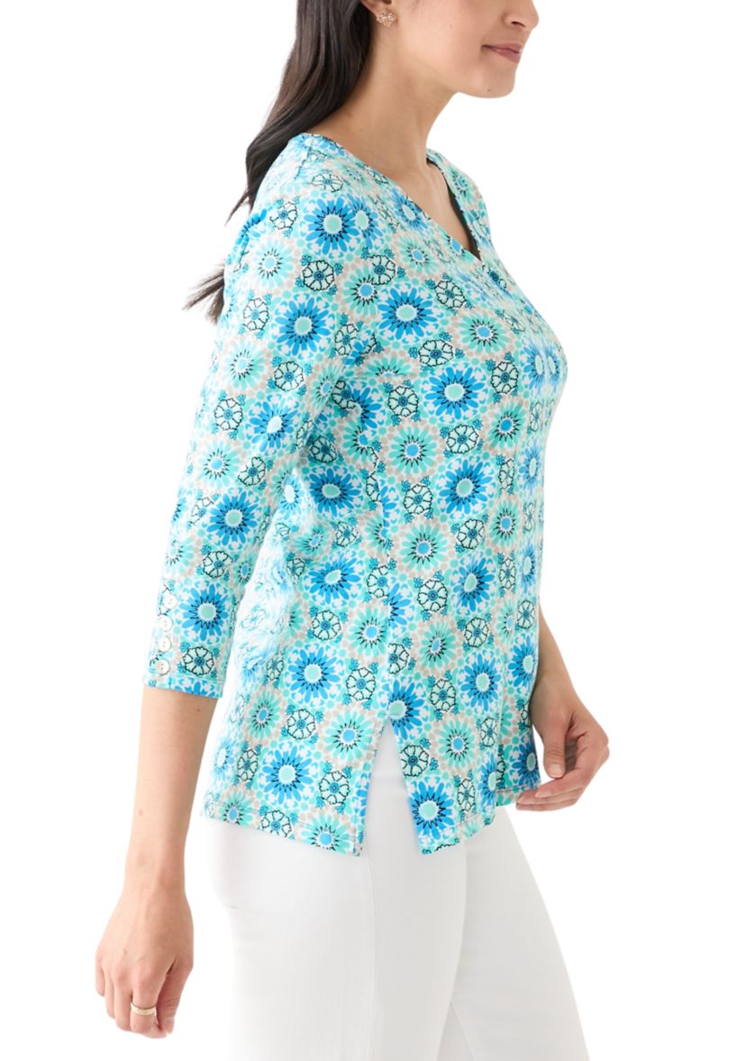 Womens Medallion Tile Floral Faux Surplice Top
