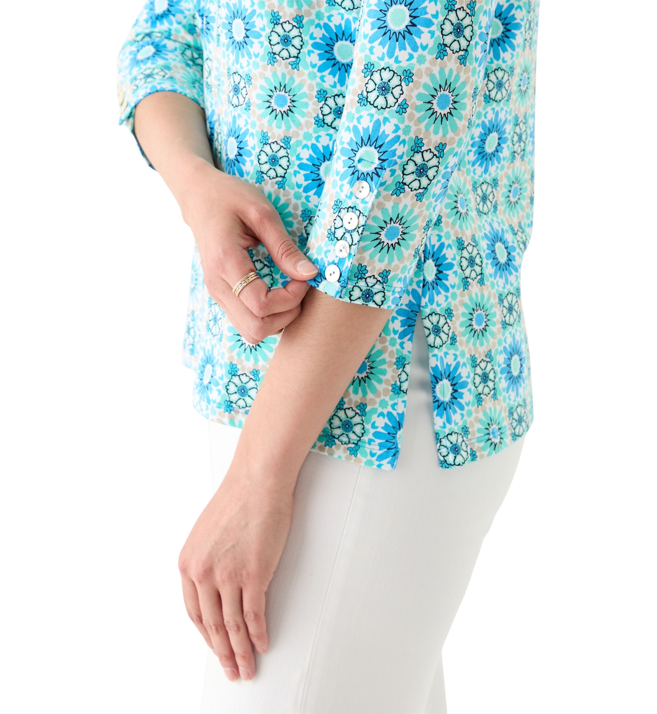 Womens Medallion Tile Floral Faux Surplice Top