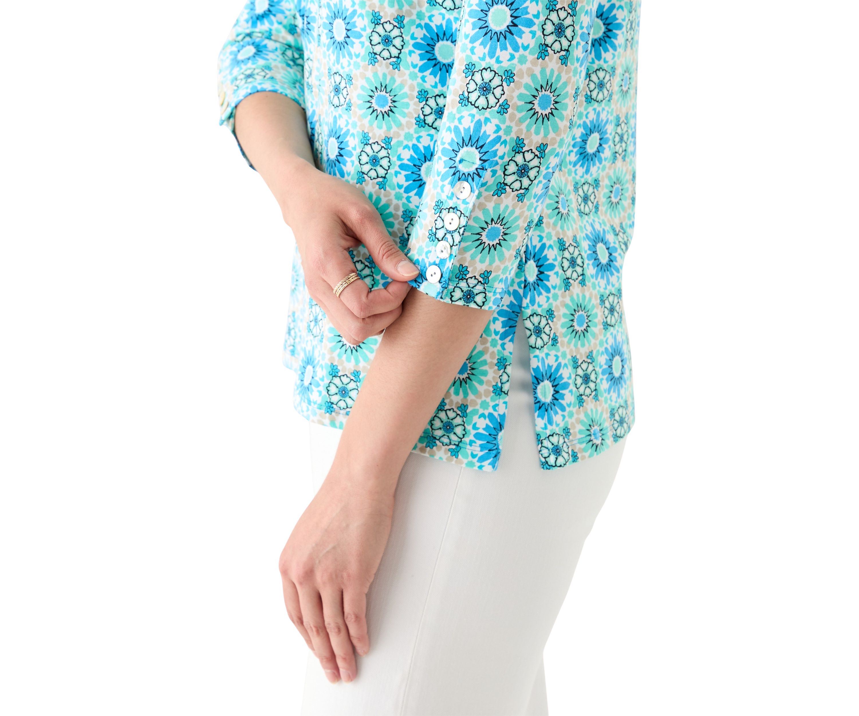 Womens Medallion Tile Floral Faux Surplice Top