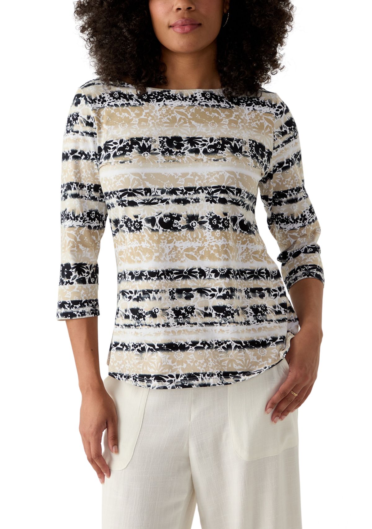 Womens Watercolor Floral Stripe Top