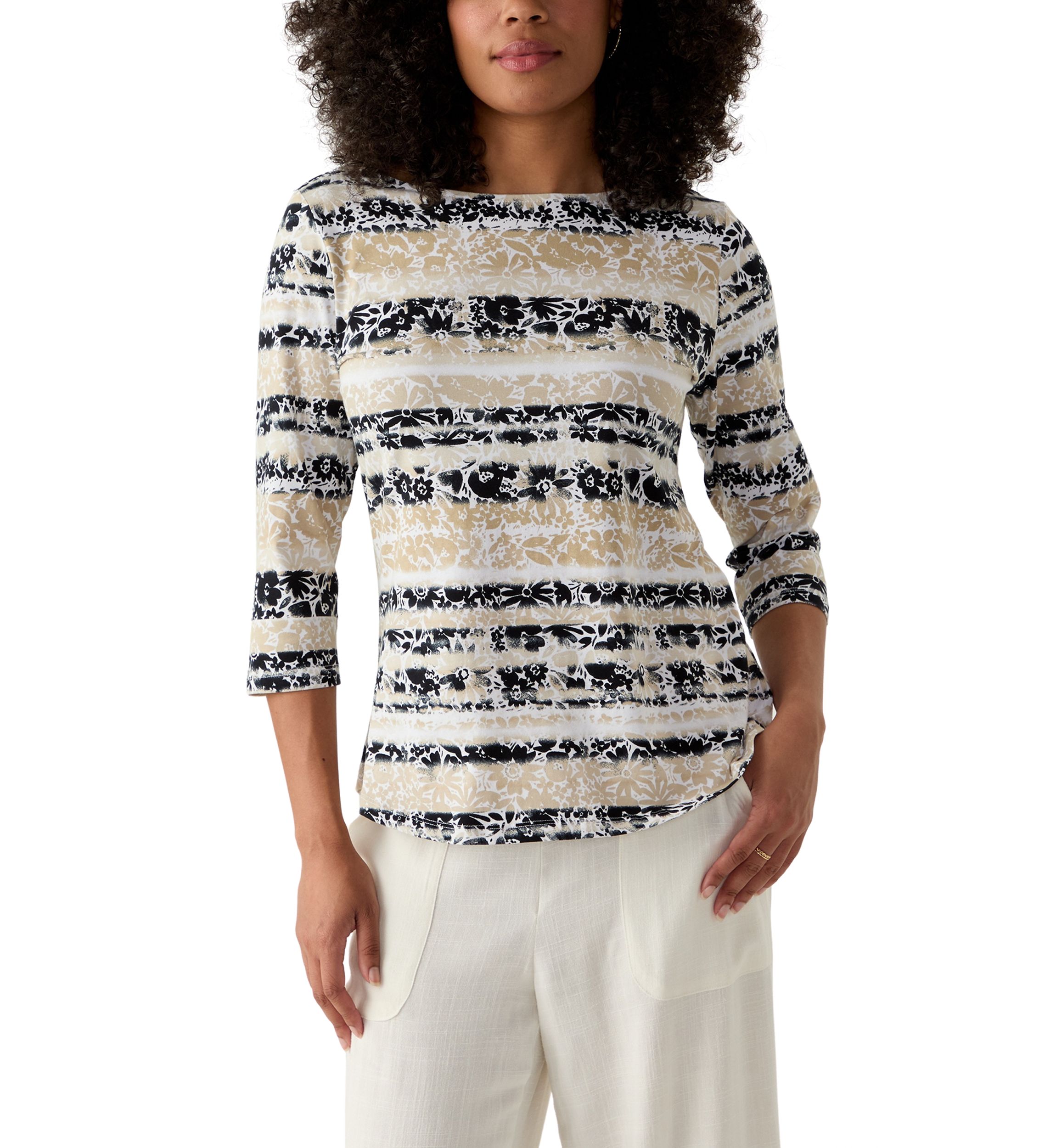 Womens Watercolor Floral Stripe Top
