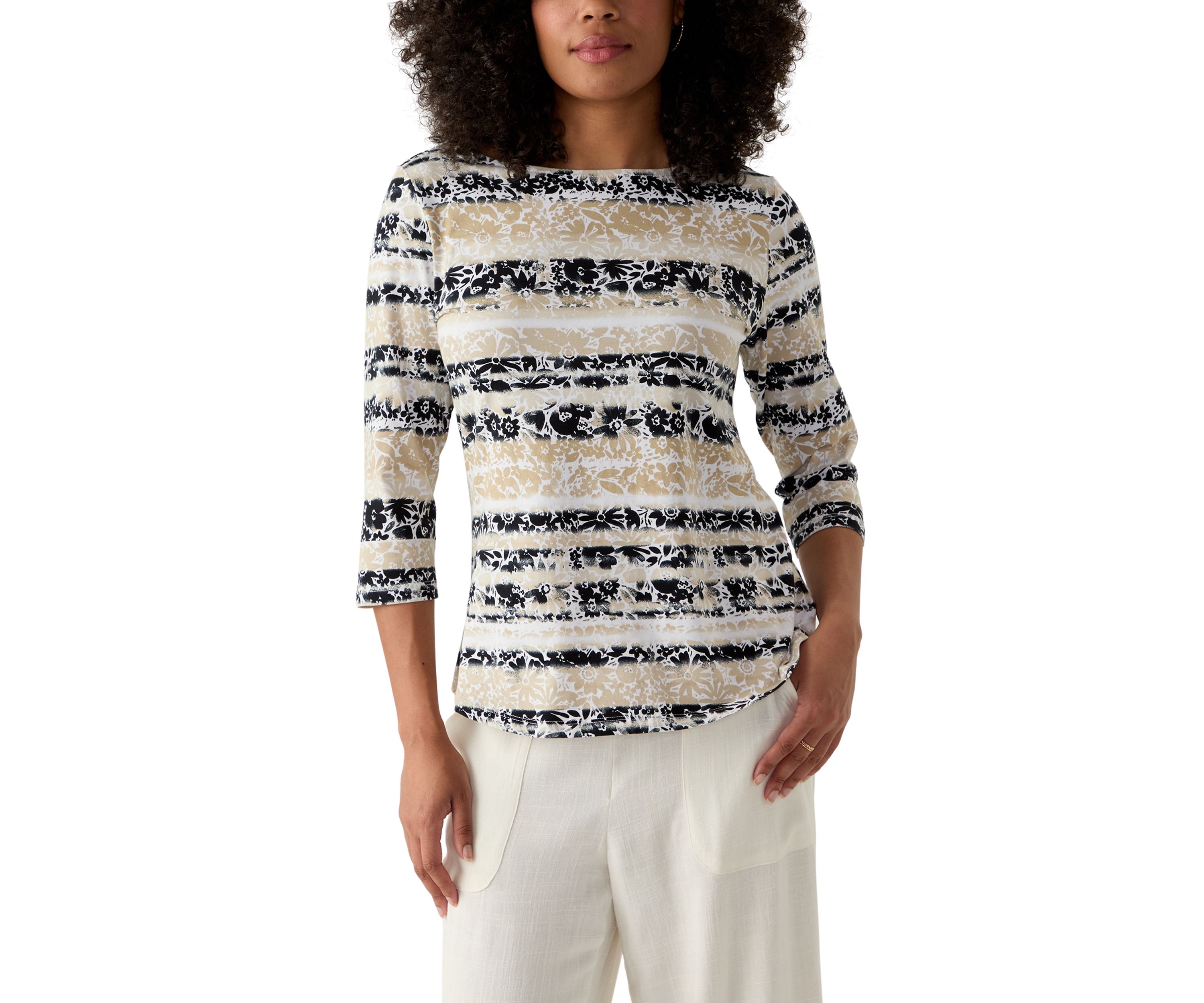 Womens Watercolor Floral Stripe Top