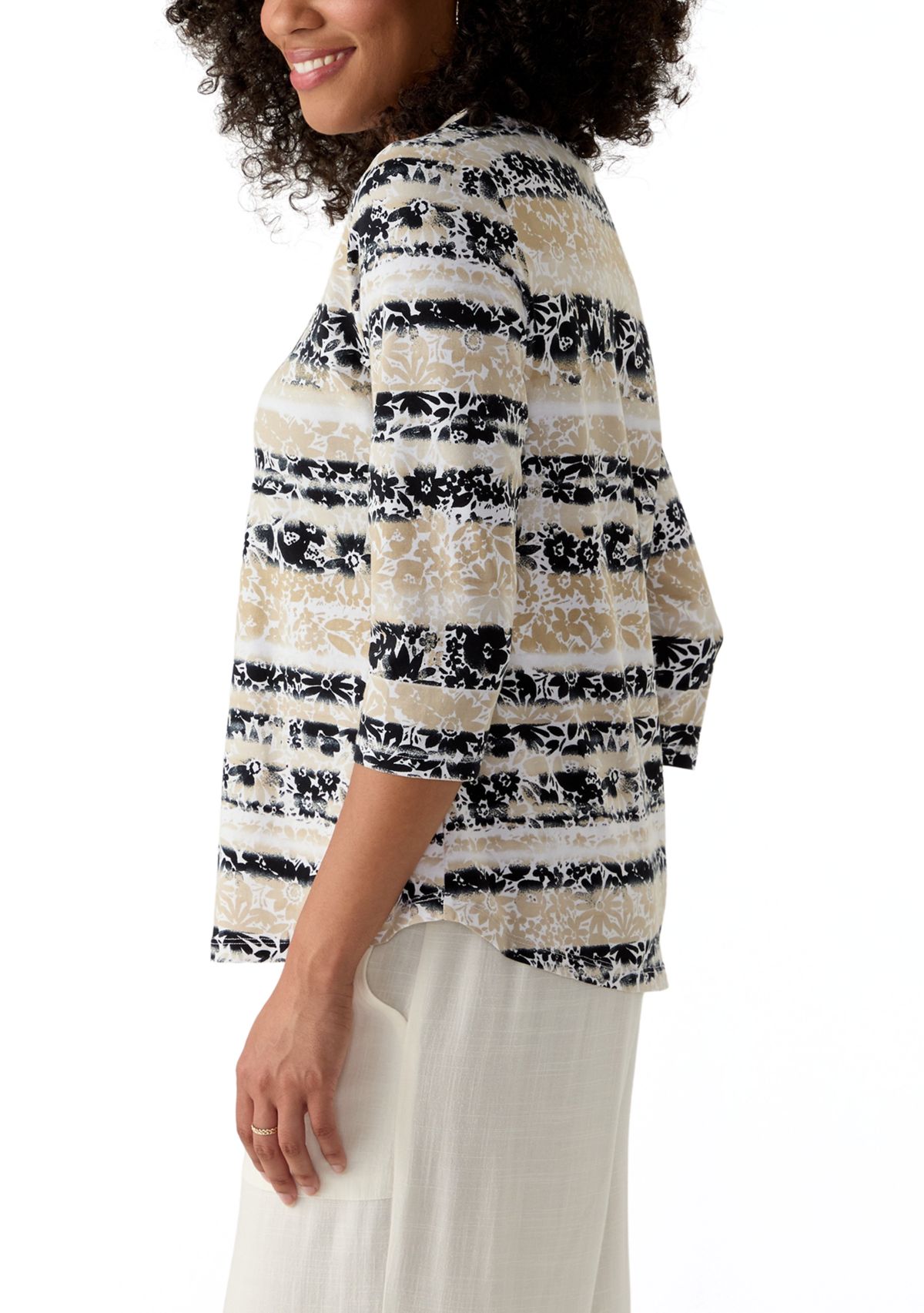 Womens Watercolor Floral Stripe Top