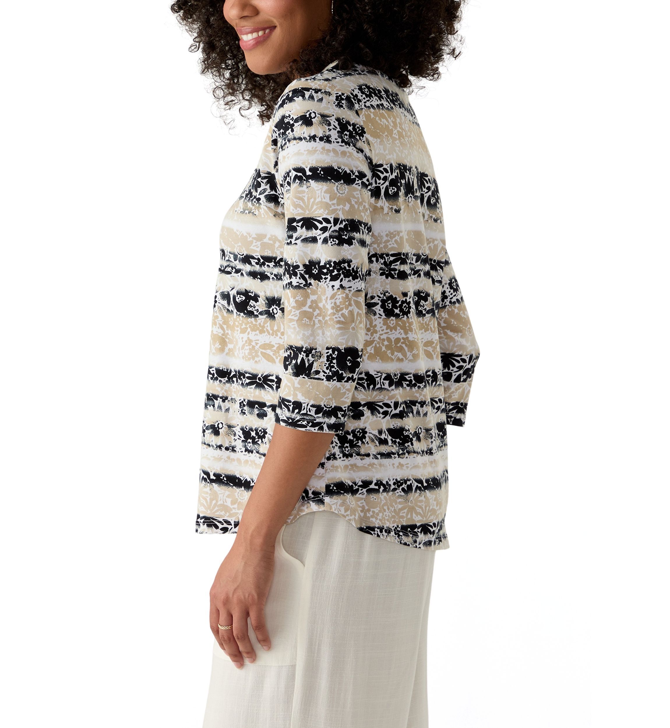 Womens Watercolor Floral Stripe Top