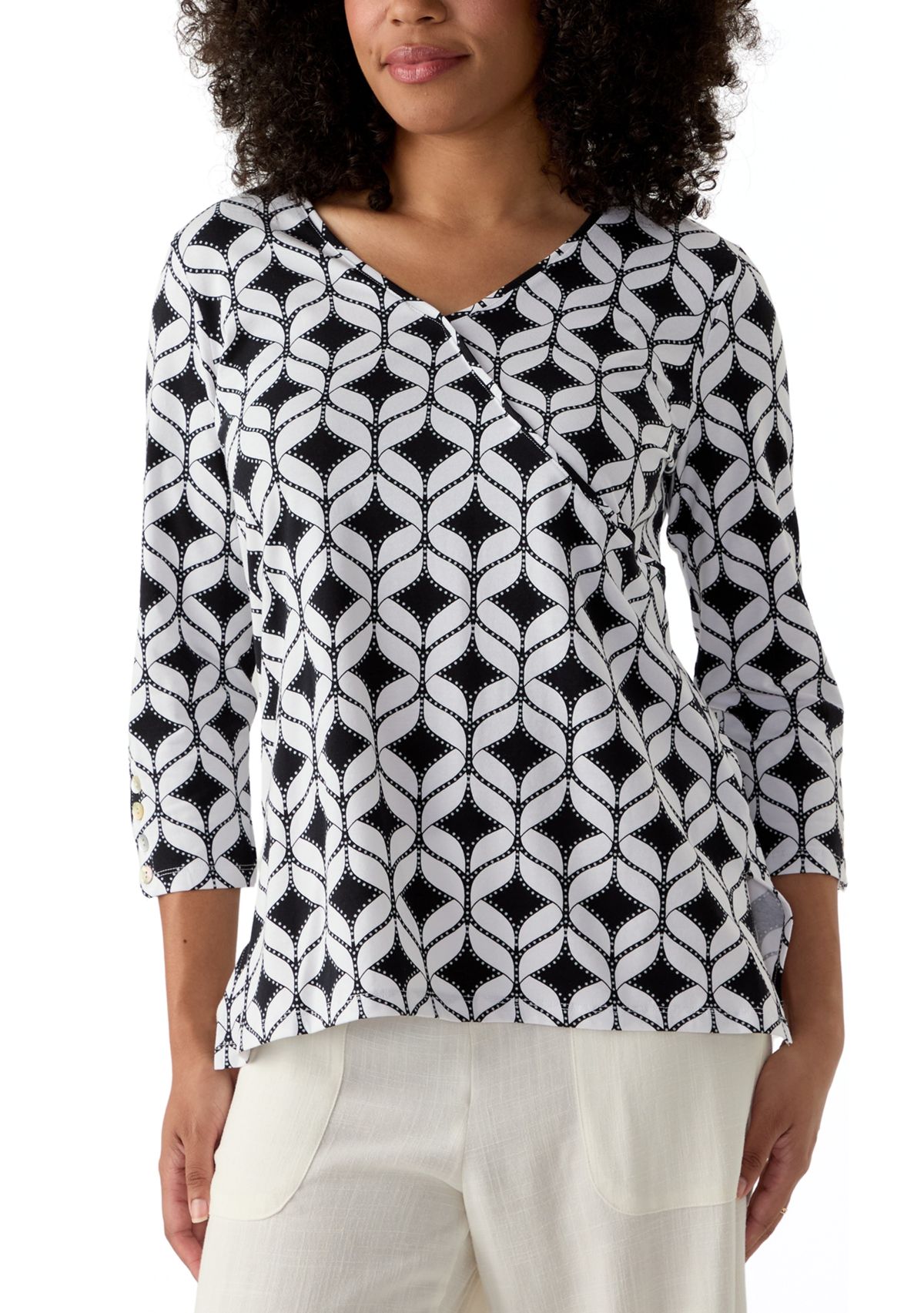 Womens Faux Surplice Geometric Print Knit Top