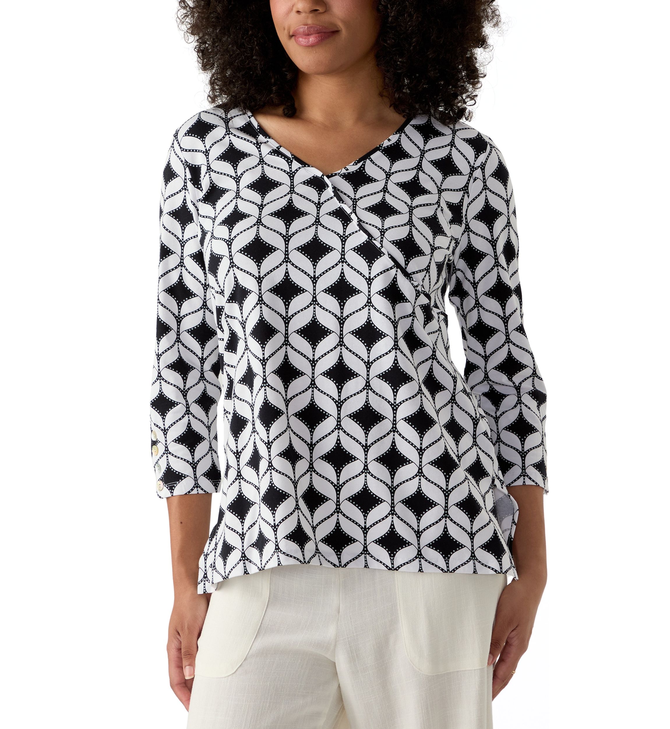 Womens Faux Surplice Geometric Print Knit Top