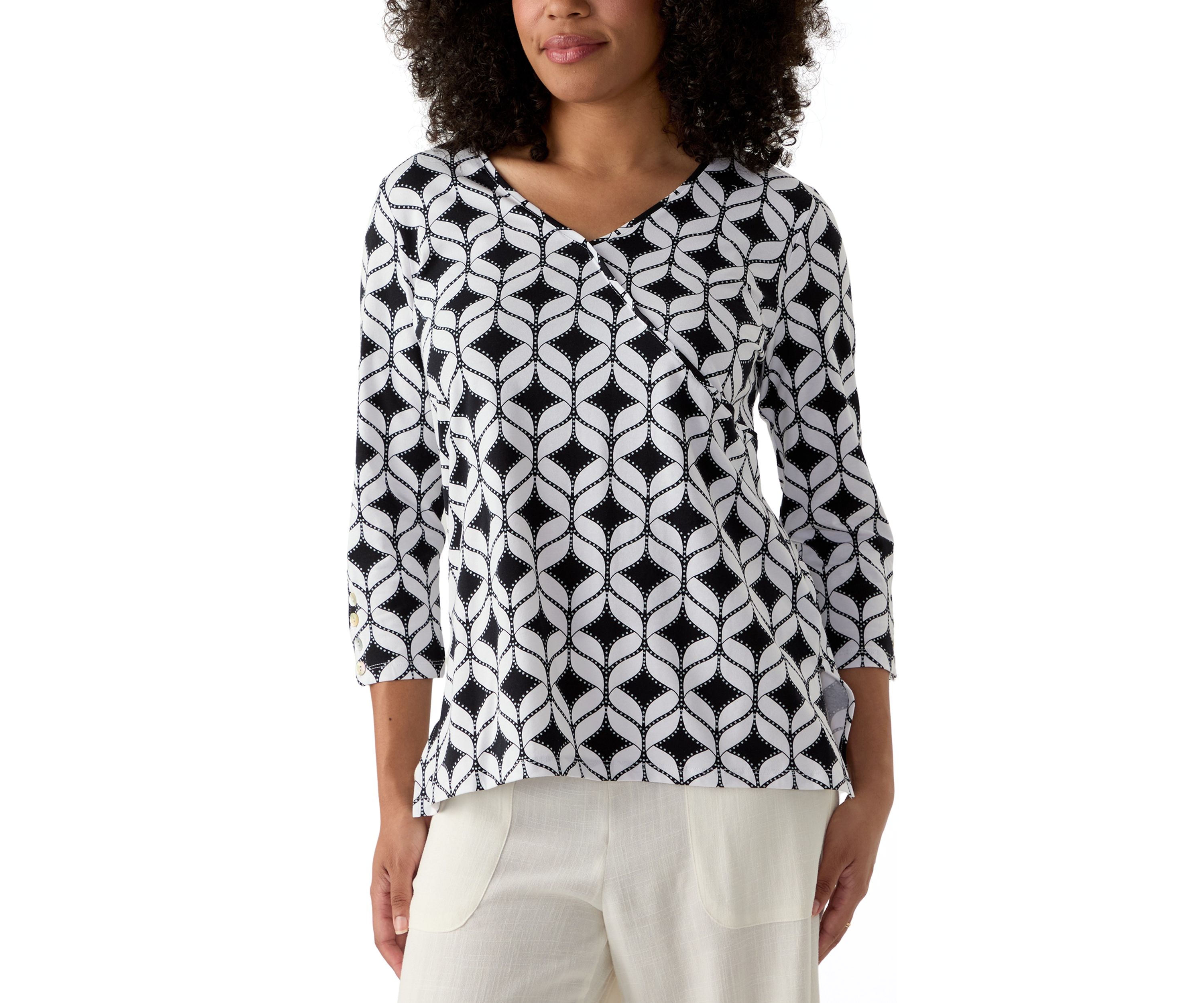 Womens Faux Surplice Geometric Print Knit Top