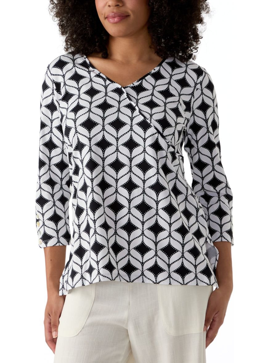 Womens Faux Surplice Geometric Print Knit Top