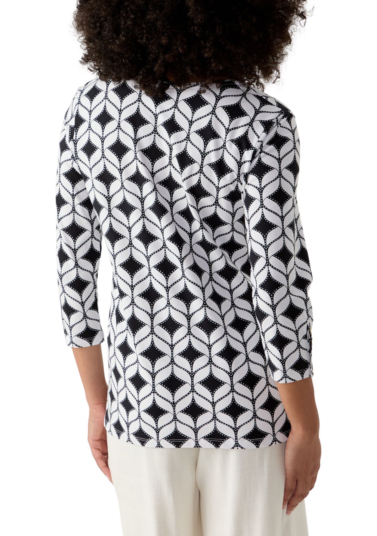 Womens Faux Surplice Geometric Print Knit Top