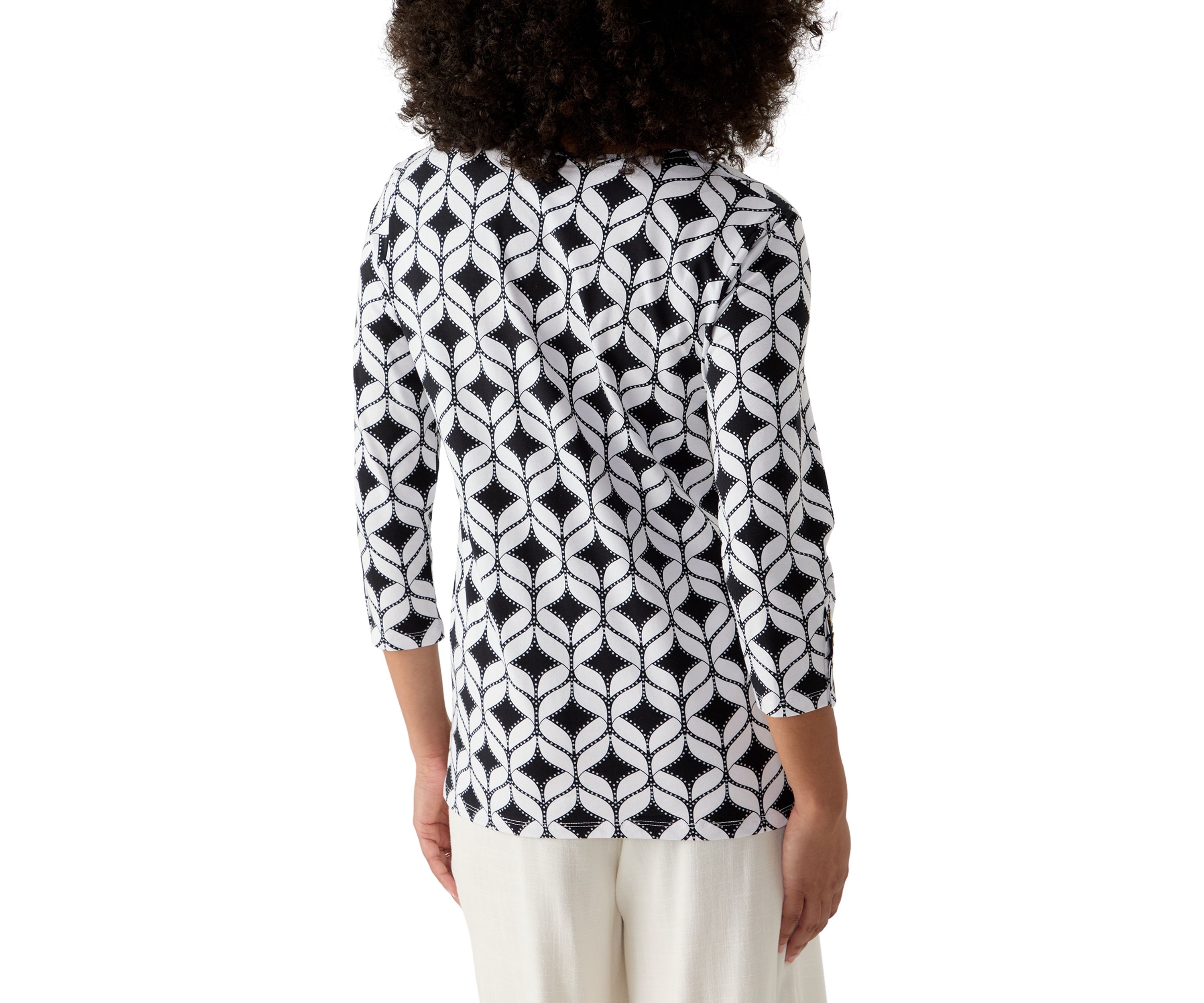 Womens Faux Surplice Geometric Print Knit Top