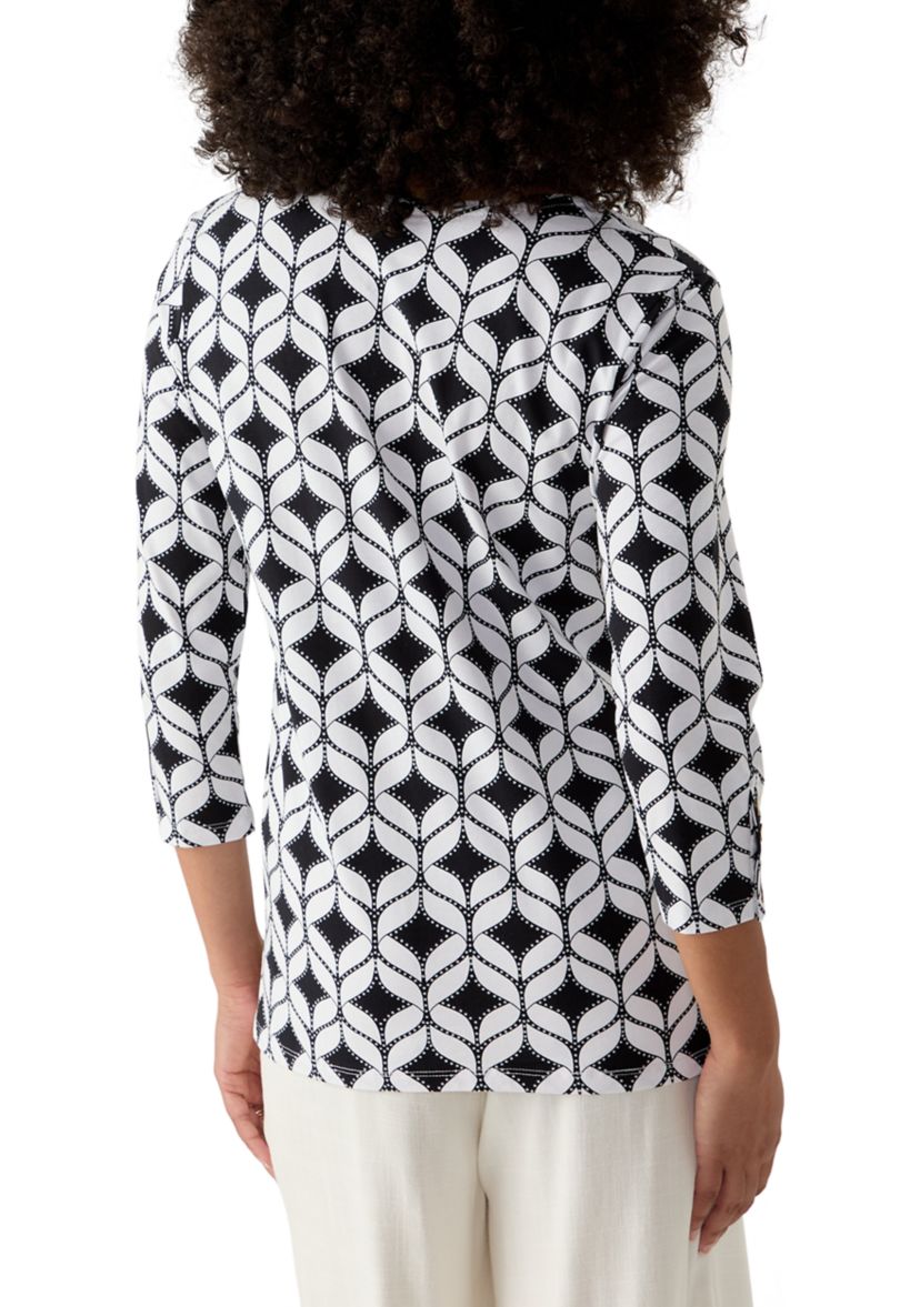 Womens Faux Surplice Geometric Print Knit Top