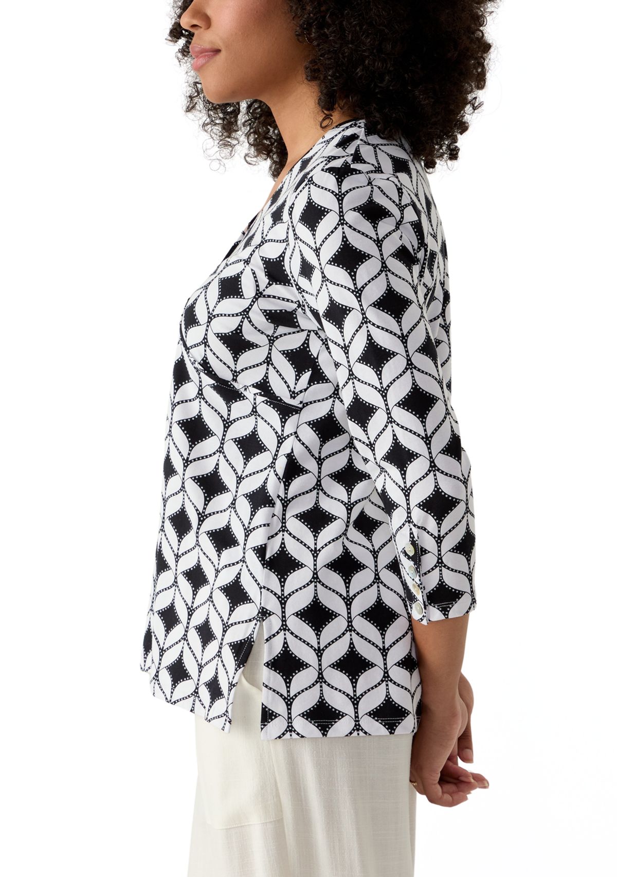 Womens Faux Surplice Geometric Print Knit Top
