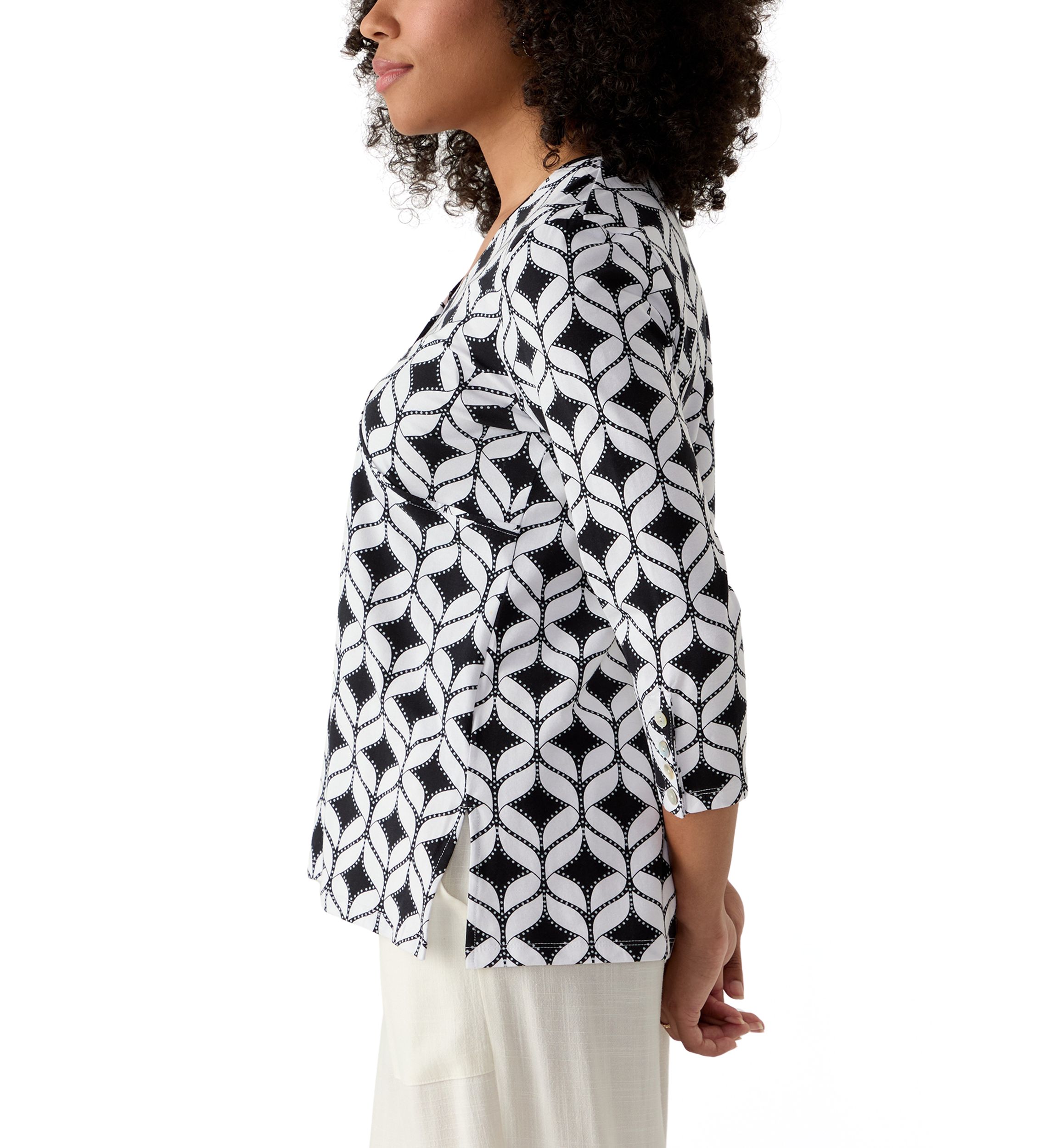 Womens Faux Surplice Geometric Print Knit Top