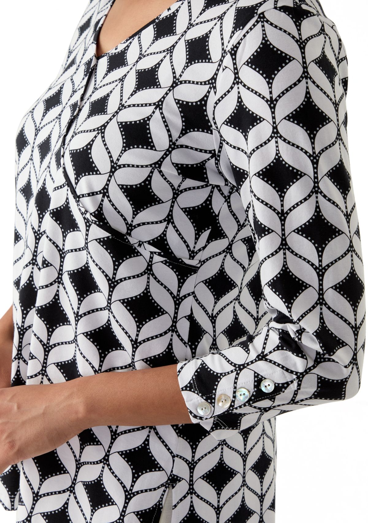 Womens Faux Surplice Geometric Print Knit Top