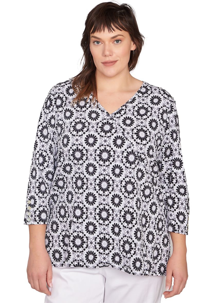 Plus Size Medallion Tile Floral Faux Surplice Top